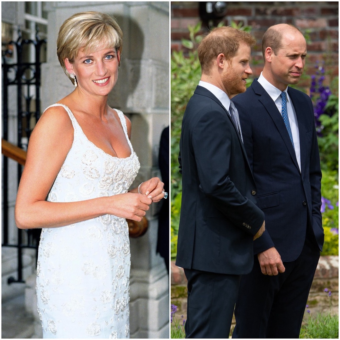 Princess Diana smiles as she looks on and Prince Harry and Prince William look on