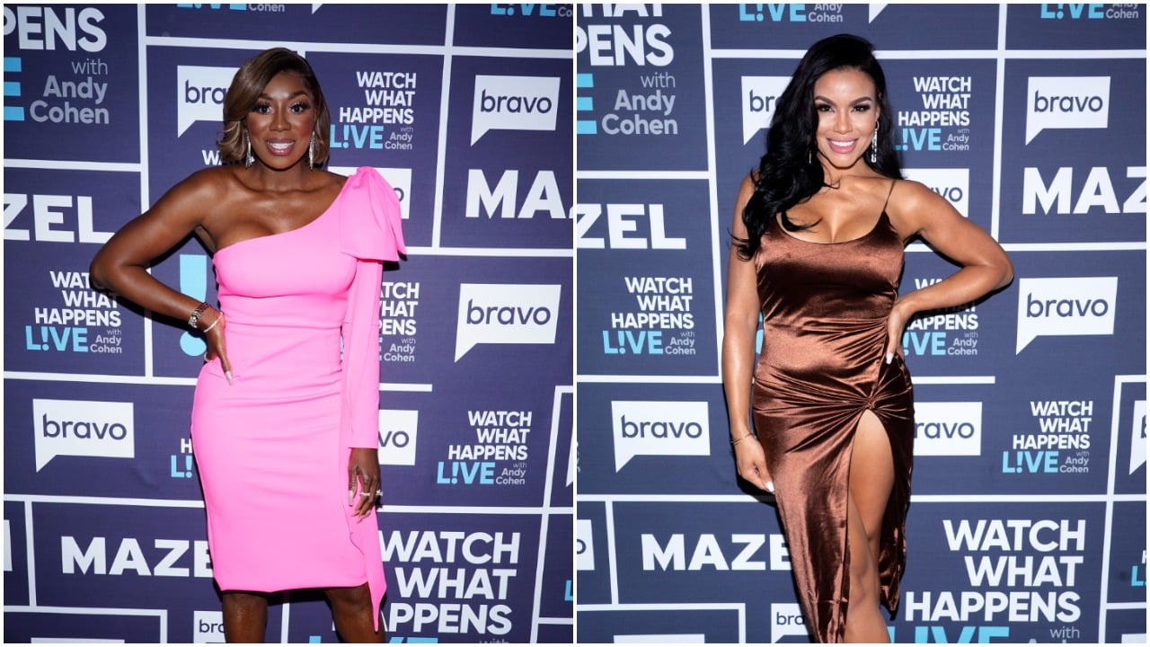 Wendy Osefo and Mia Thornton pose on 'Watch What Happens Live with Andy Cohen'