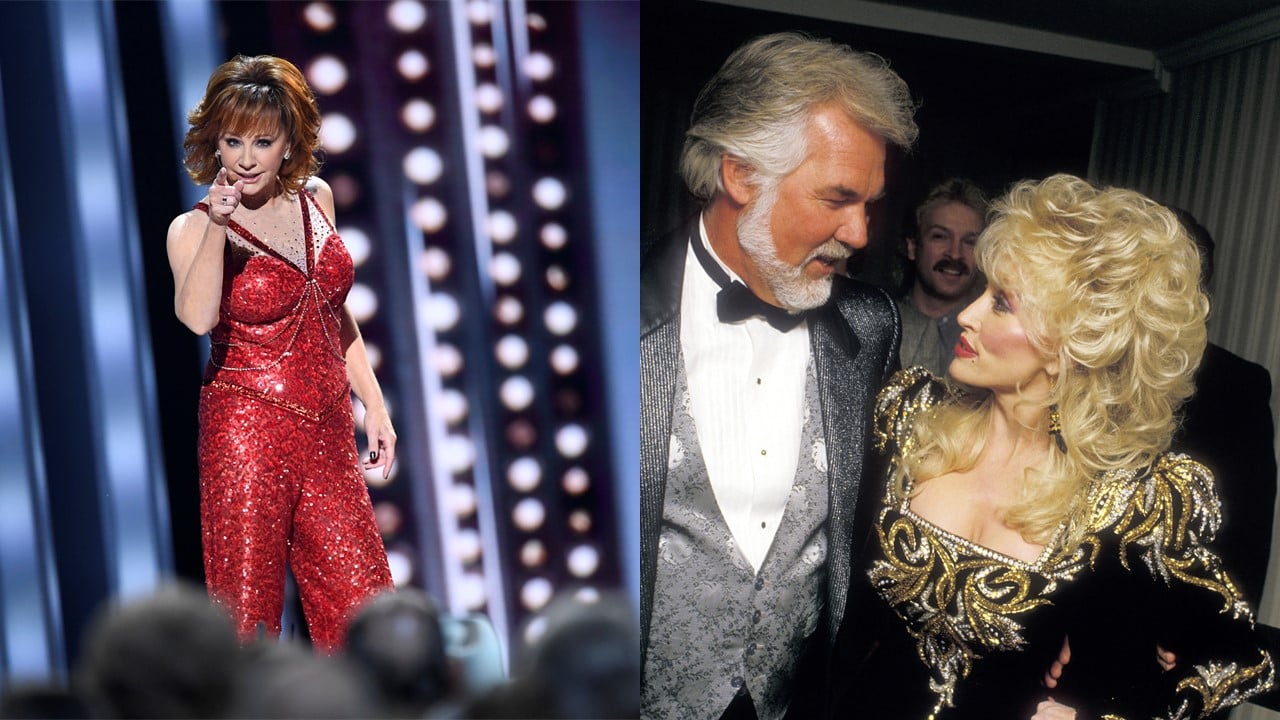(R) Reba McEntire in a sparkly red outfit, pointing a finger | (R) Kenny Rogers in a black suit with a gray vest, looking down at Dolly Parton in a black and gold dress