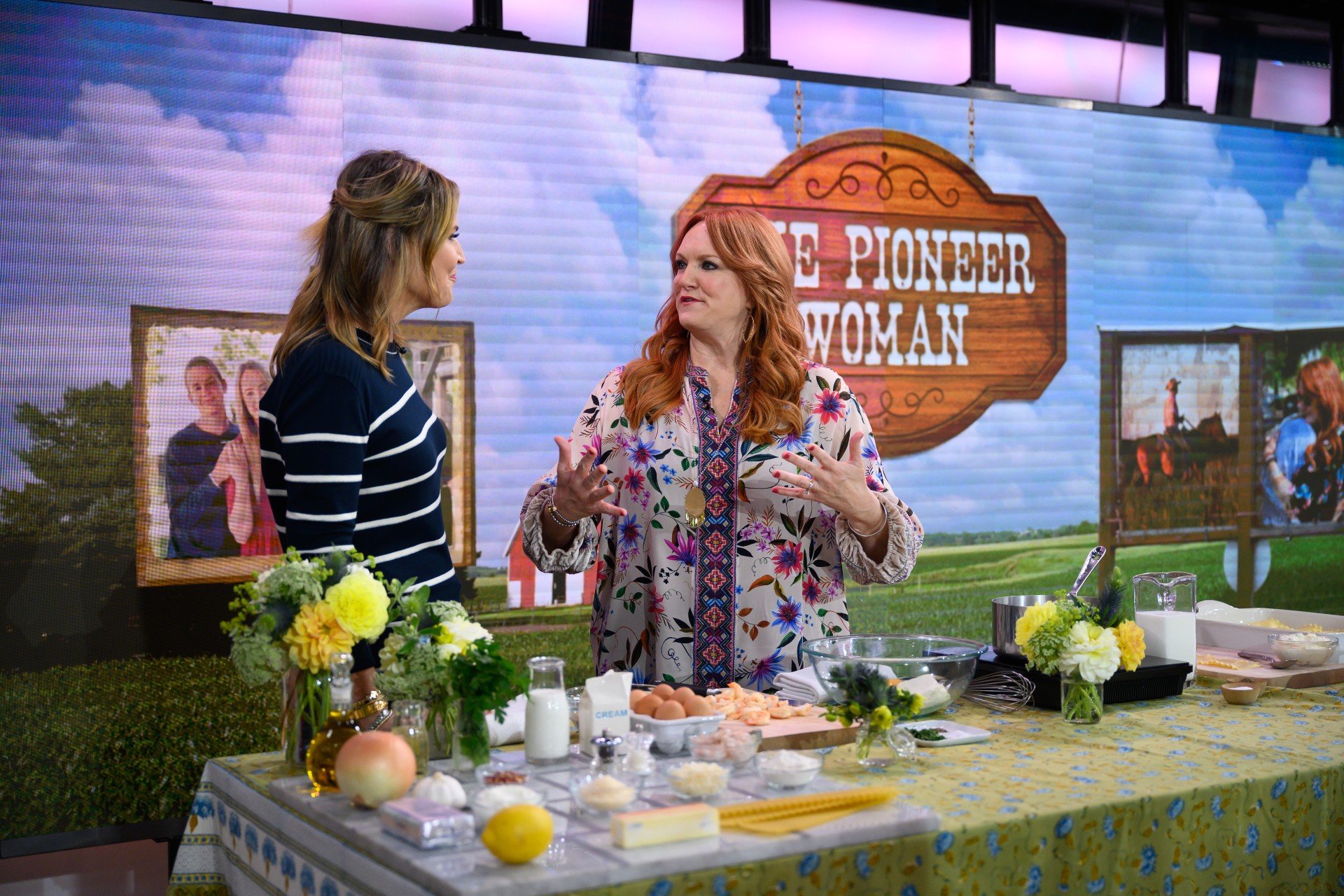 Ree Drummond wears a floral shirt and gives a cooking demonstration on the Today Show with Savannah Guthrie.