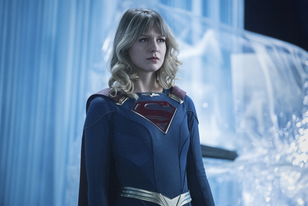 'Supergirl' star Melissa Benoist, in character as Kara Danvers, wears her Supergirl suit in the icy Fortress of Solitude.