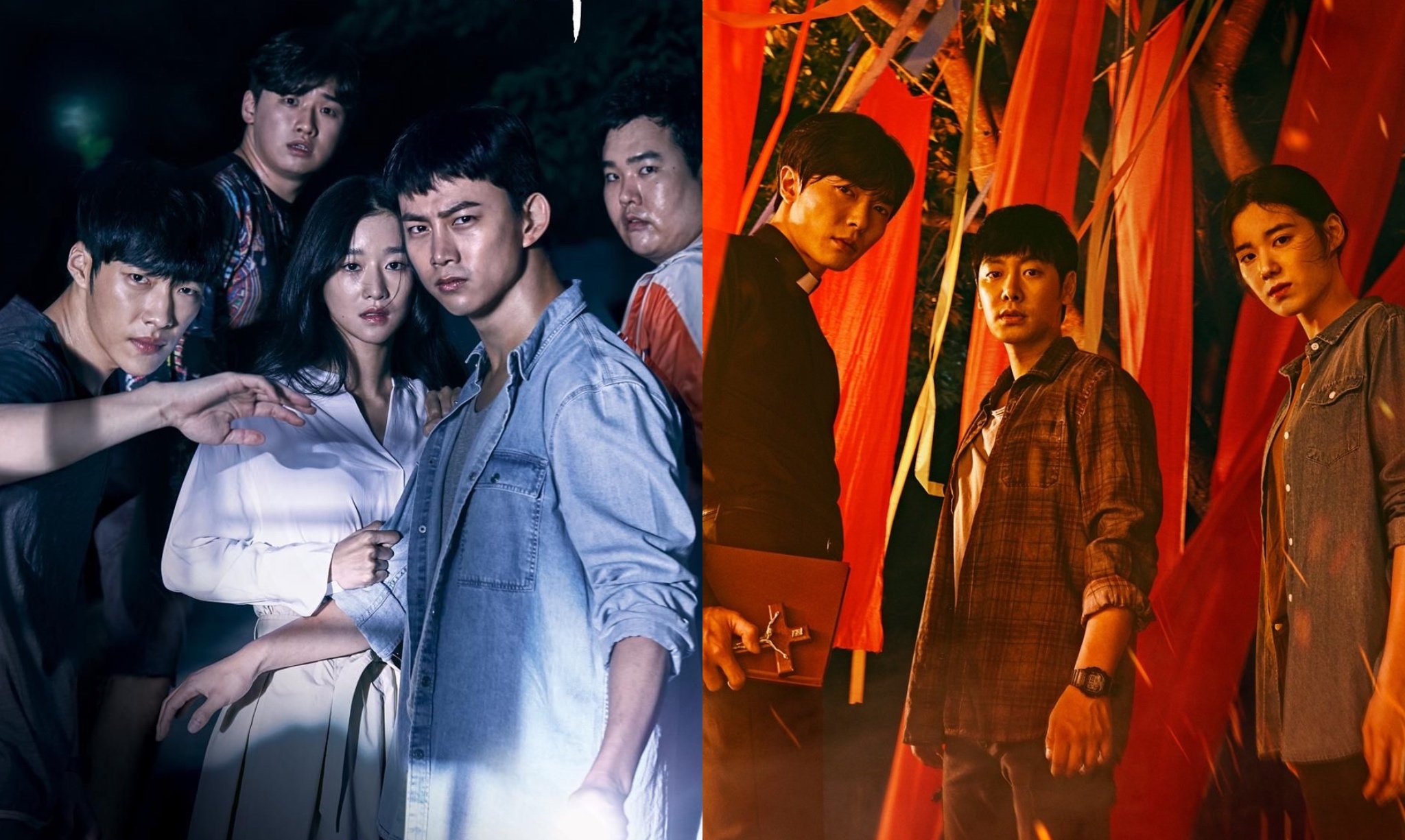'Save Me' and 'The Guest' horror K-dramas in red and blue official posters.