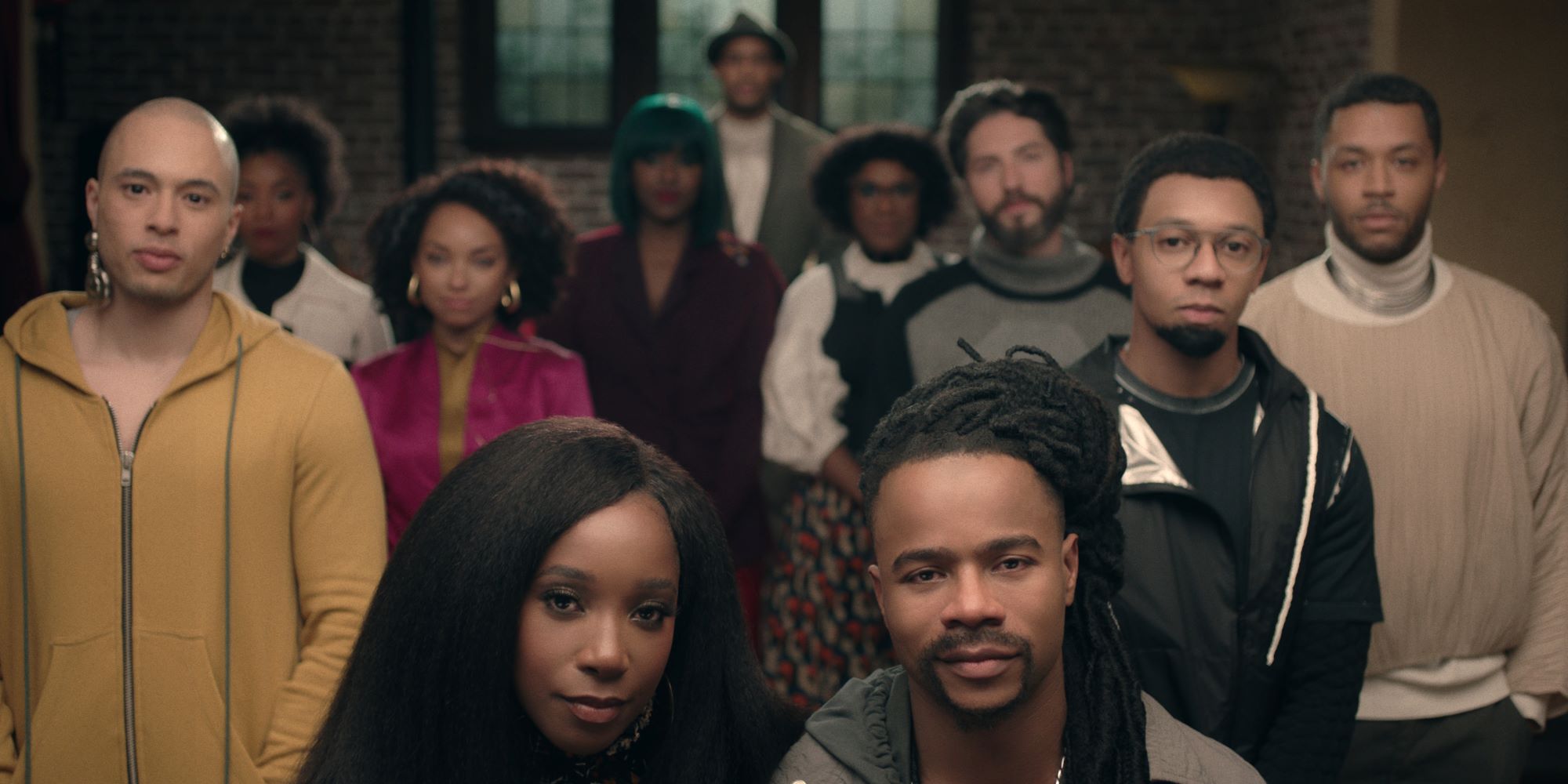 A scene from 'Dear White People' with multiple characters staring at the camera.