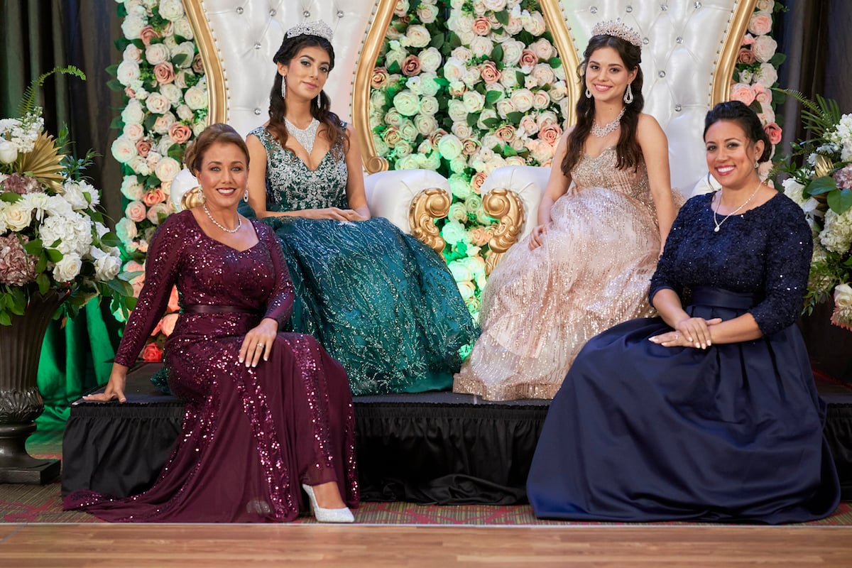 Girls wearing quinceañera dresses pose with two other women in formal attire in 'South Beach Love'