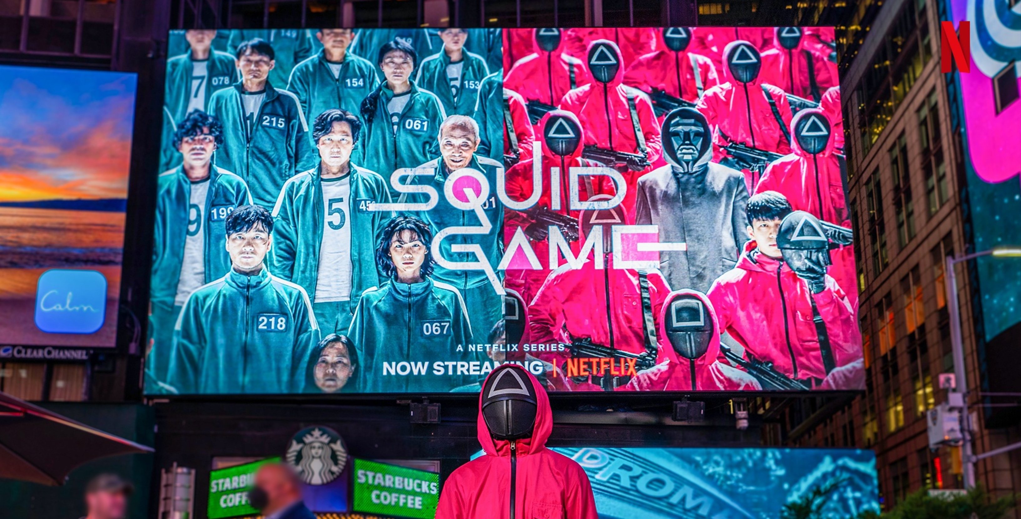 'Squid Game' Netflix poster in New York City with dressed up guard