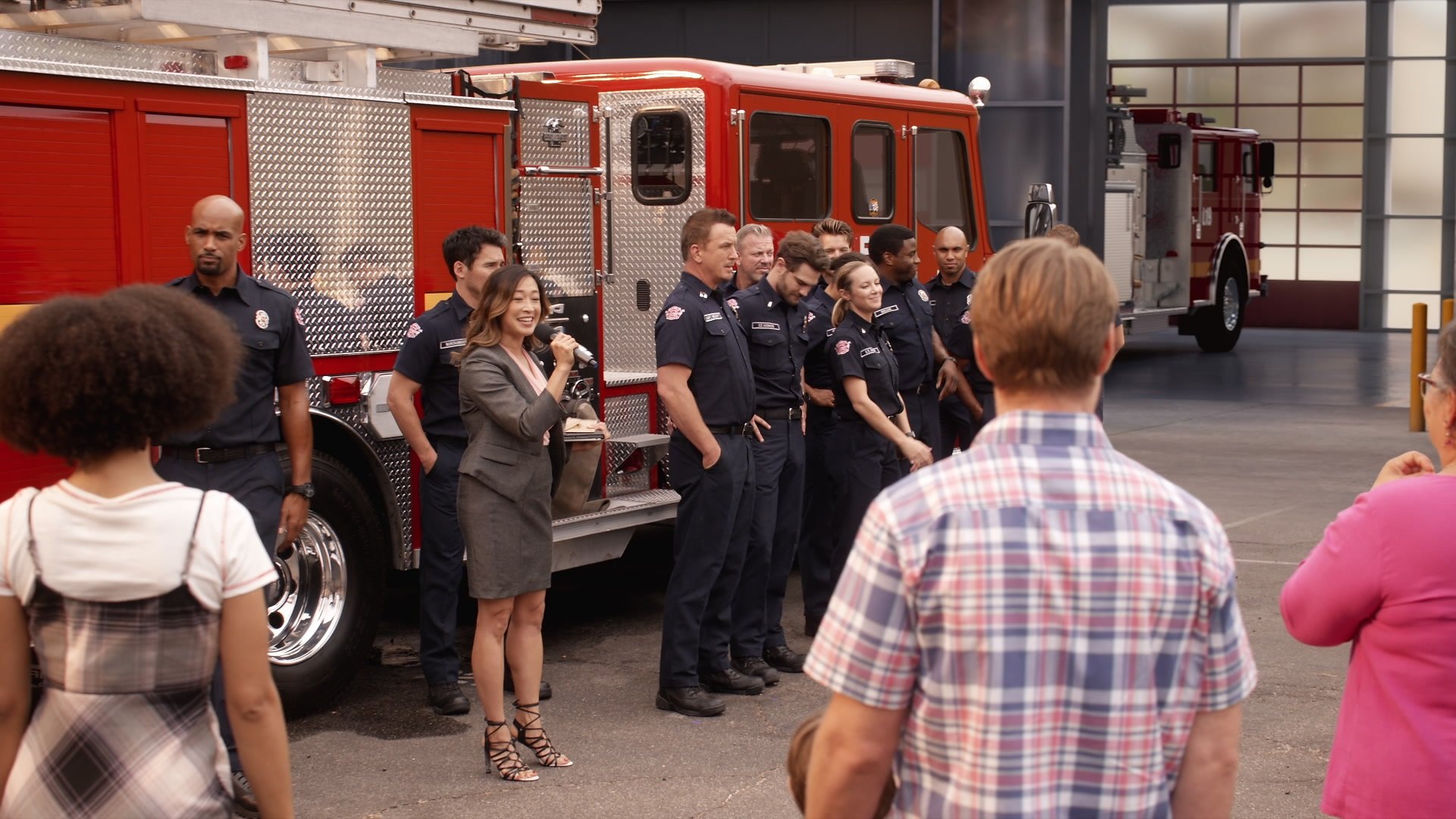 Station 19 Season 5 Episode 3 the firefighters line up for an announcement from newcomer Chemille Chen