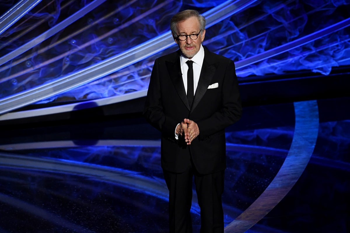 Steven Spielberg wearing a suit on stage