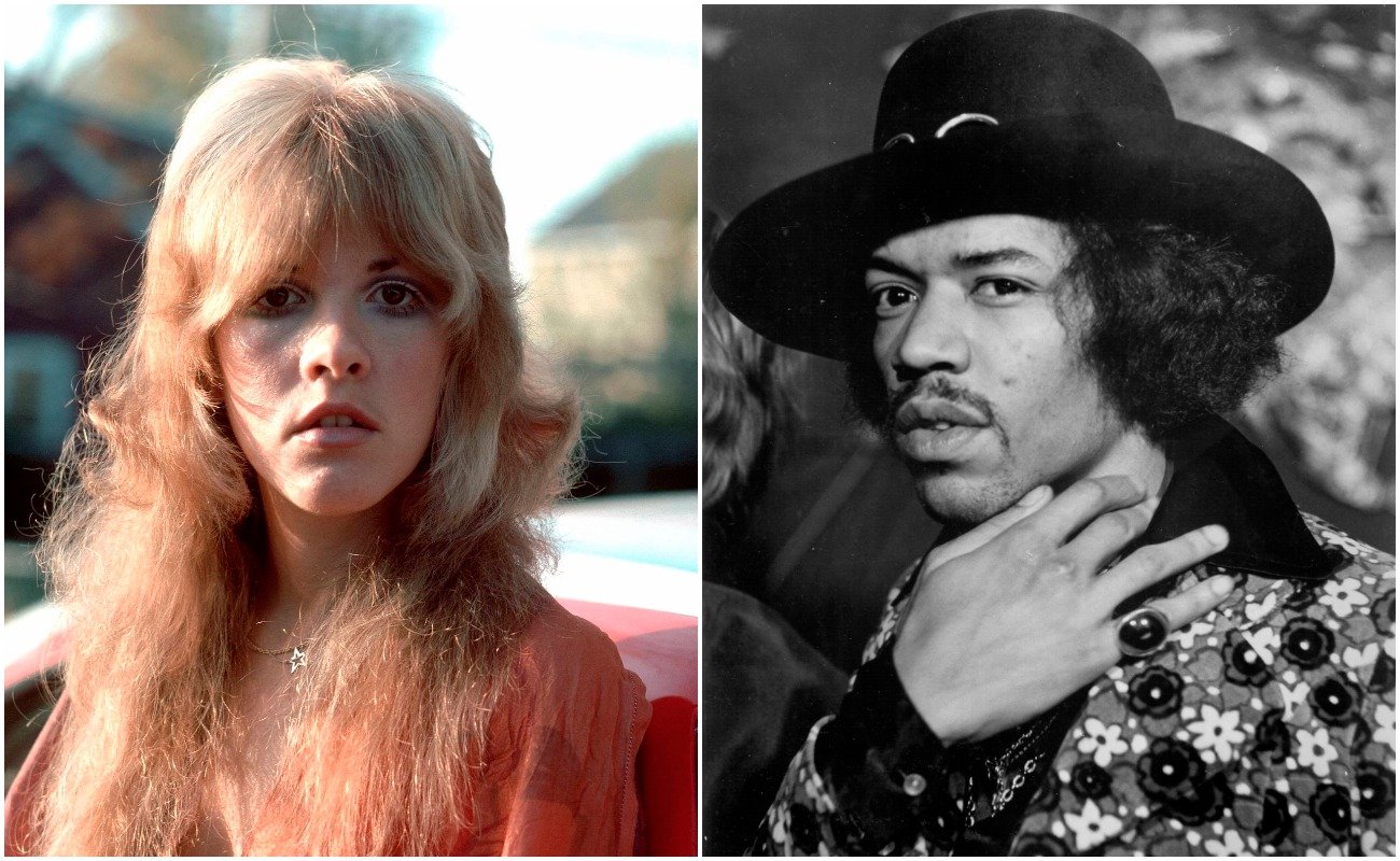 (L-R) Stevie Nicks posing in an apricot outfit in 1975, Jimi Hendrix posing in black in 1968.