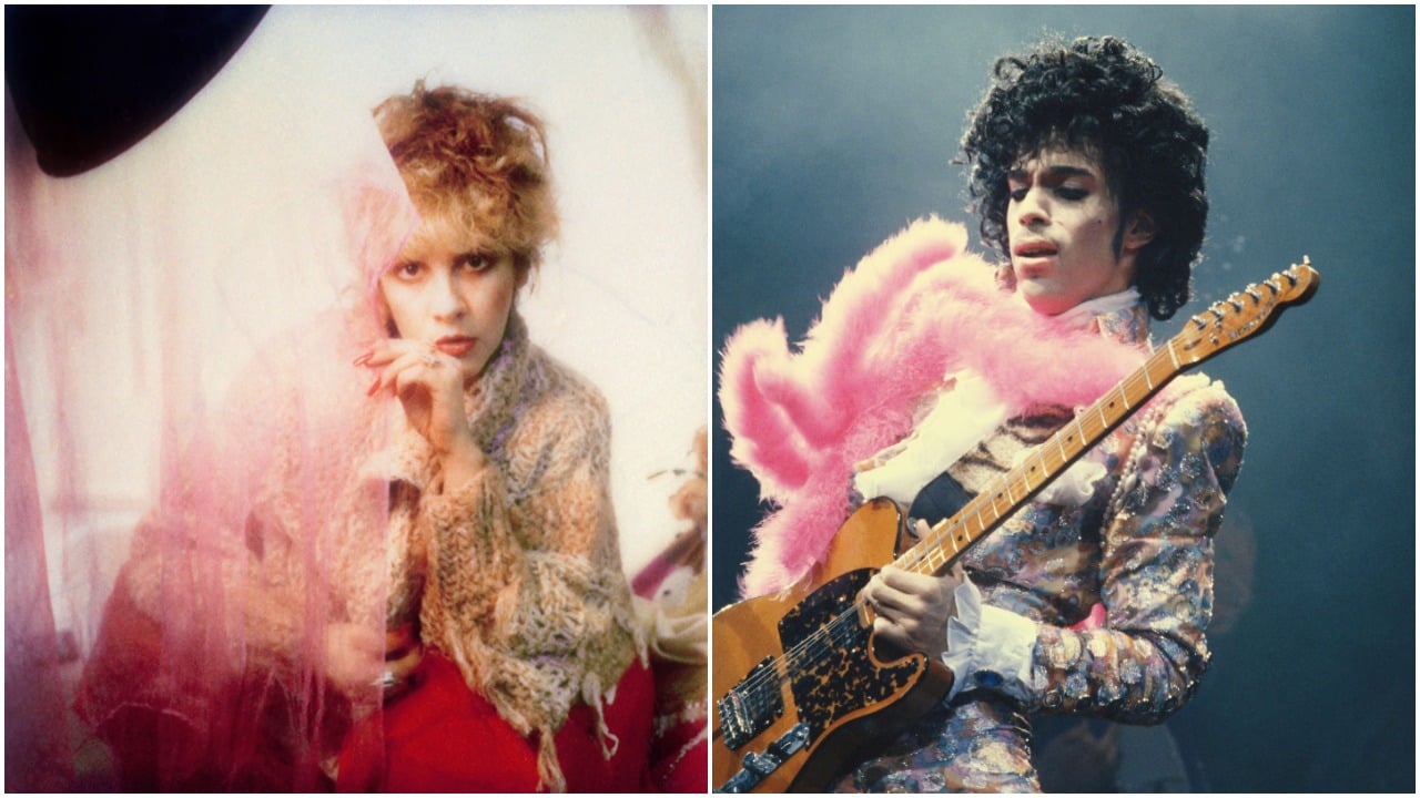Stevie Nicks wears a sweater and peeks around a chiffon curtain. Prince wears a floral jacket and a pink boa. He plays the guitar.