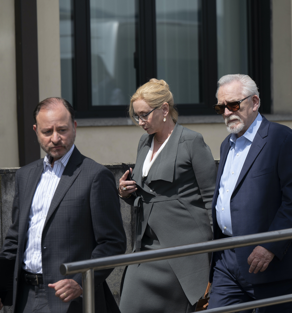 Succession star J. Smith-Cameron walks with Fisher Stevens and Brian Cox