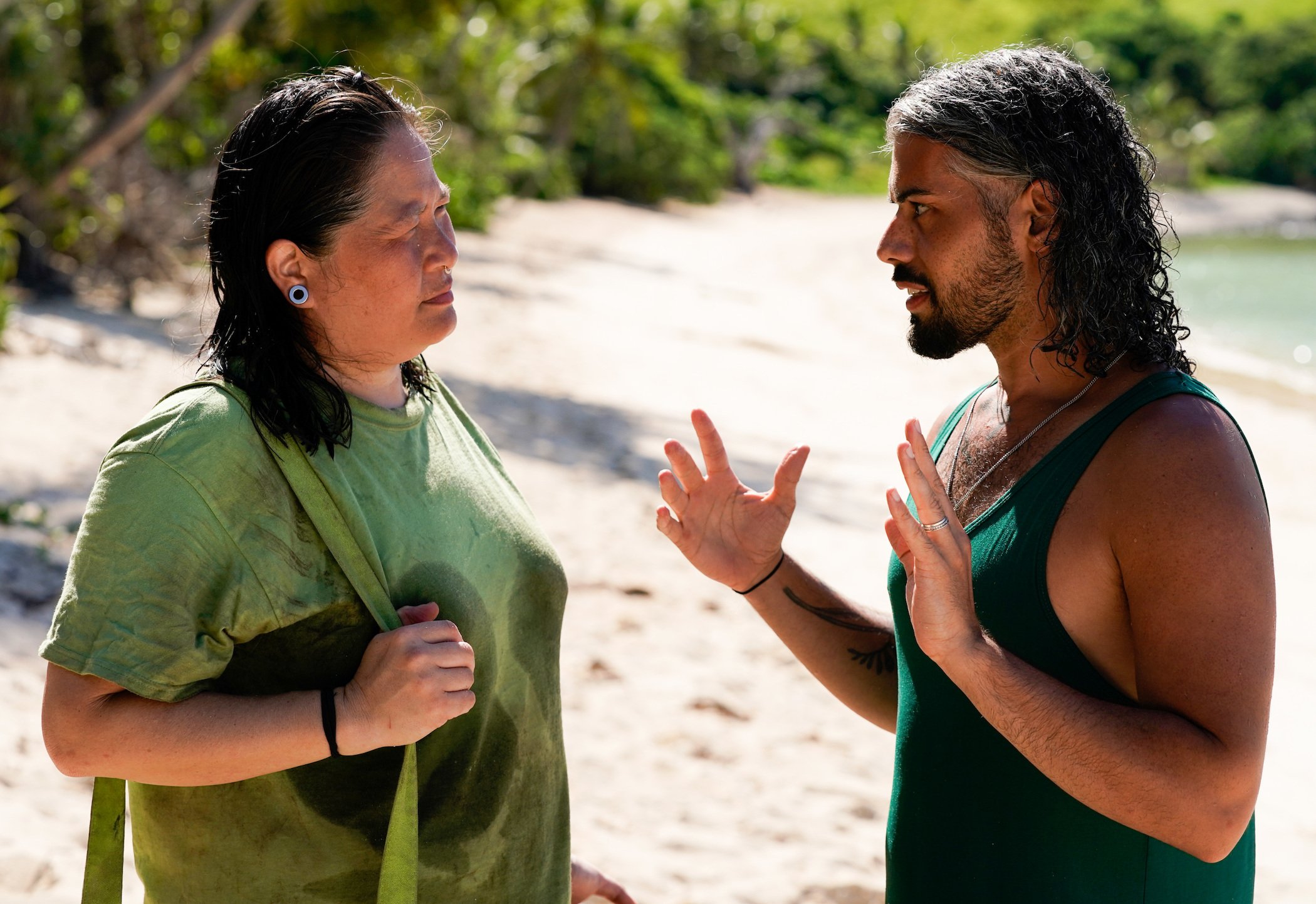 Genie and Ricard talking on 'Survivor' Season 41. 'Survivor' Season 41 spoilers note Genie makes it through episode 4's Tribal Council