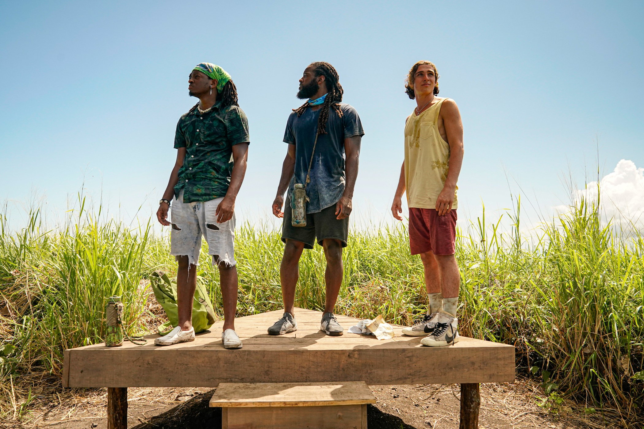 J.D., Danny, and Xander standing together in 'Survivor' Season 41. 'Survivor' Season 41 spoilers note J.D. gets sent home in episode 4