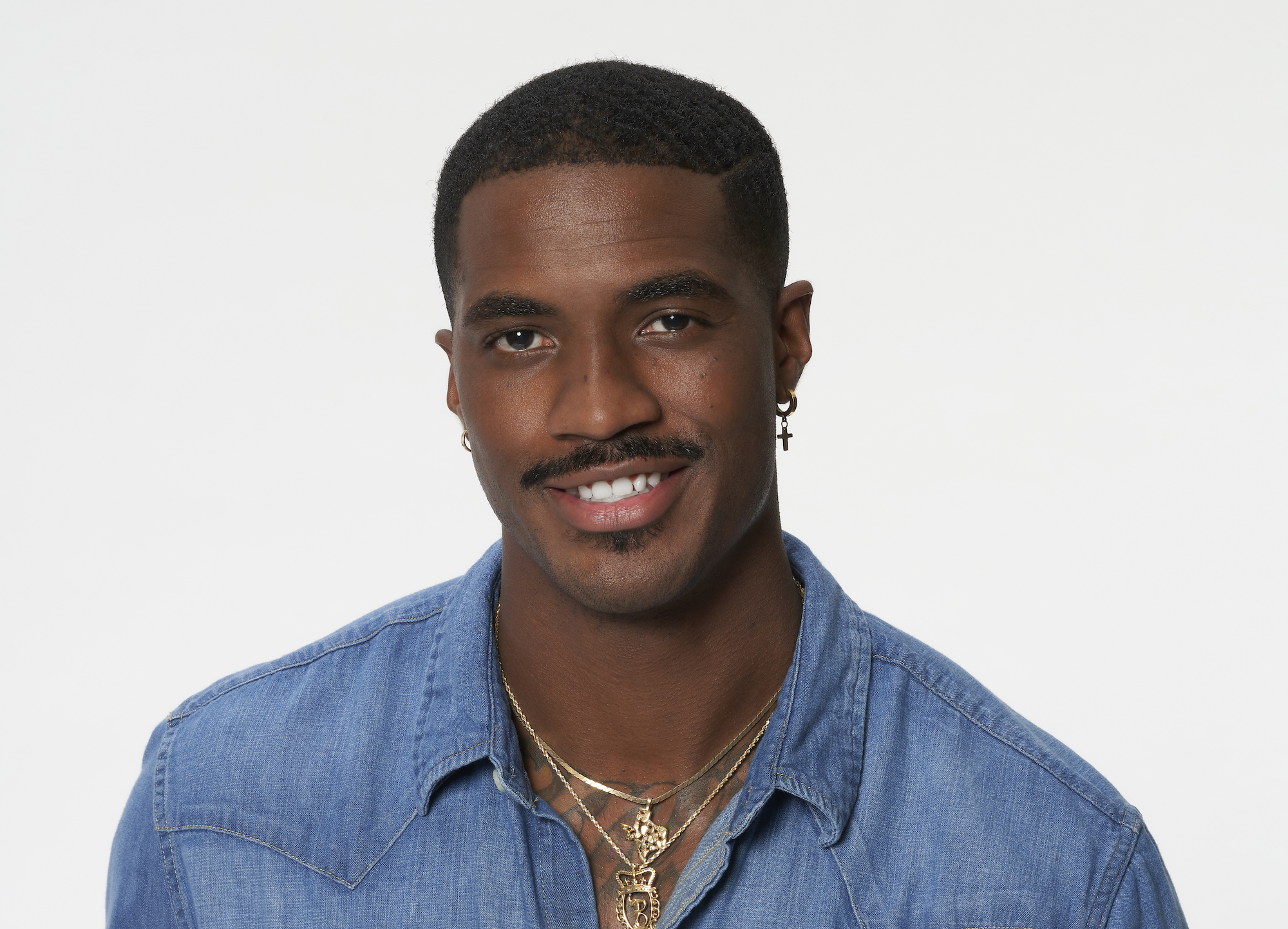 PJ in his profile photo for 'The Bachelorette' wearing a denim button down