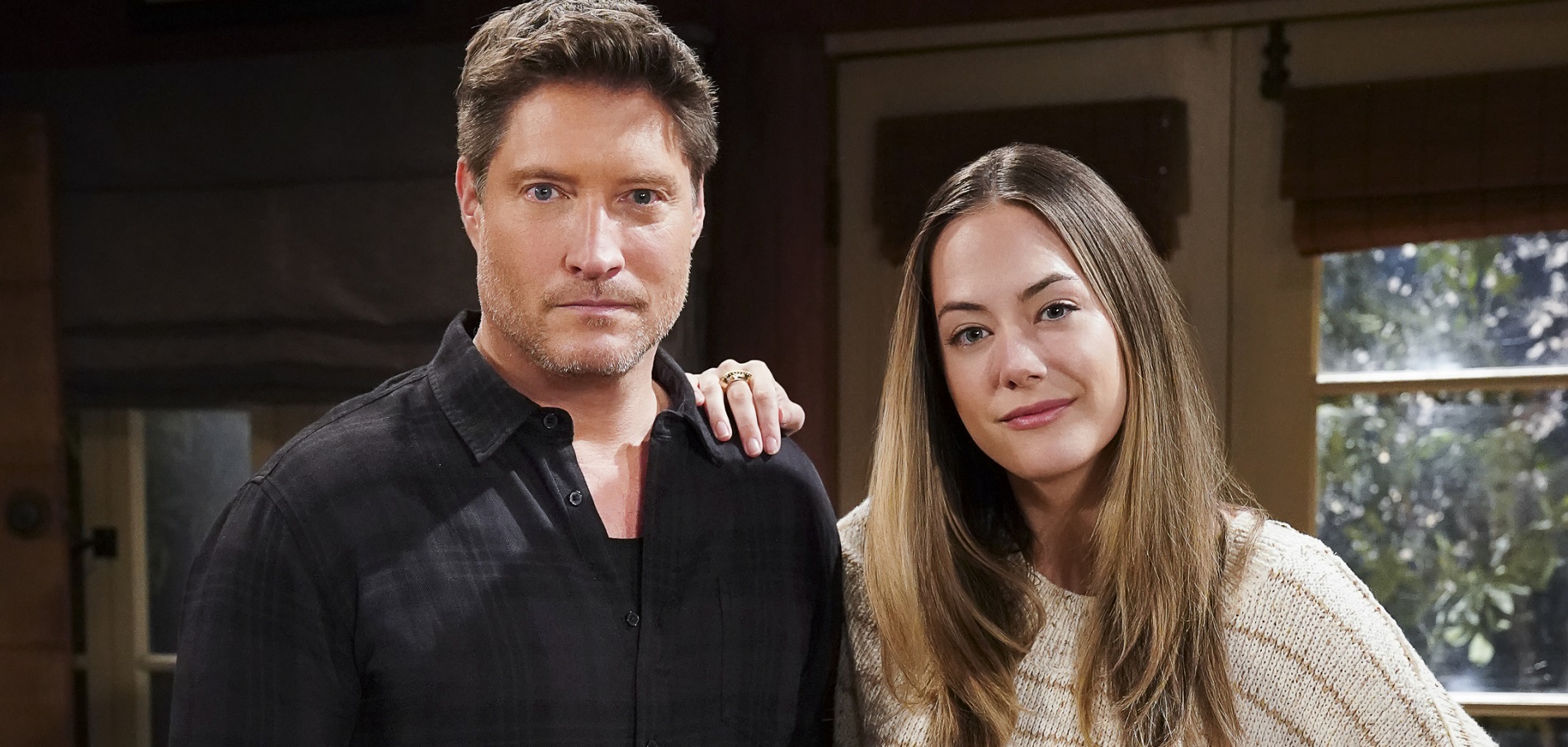 The Bold and the Beautiful weekly recap focuses on Deacon Sharpe, L, in a plaid shirt, and his daughter Hope, R, in a white sweater