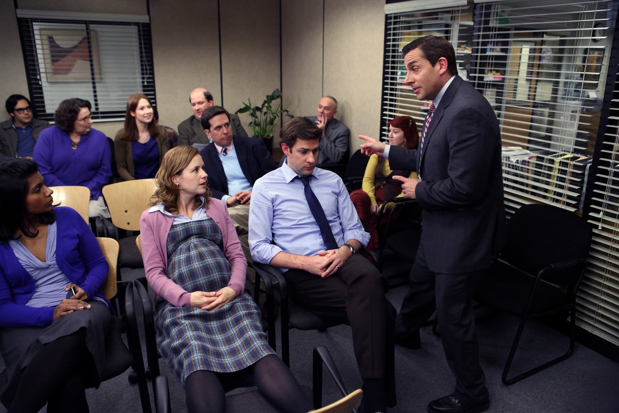 The Office: Steve Carell lectures the ensemble cast in the meeting room