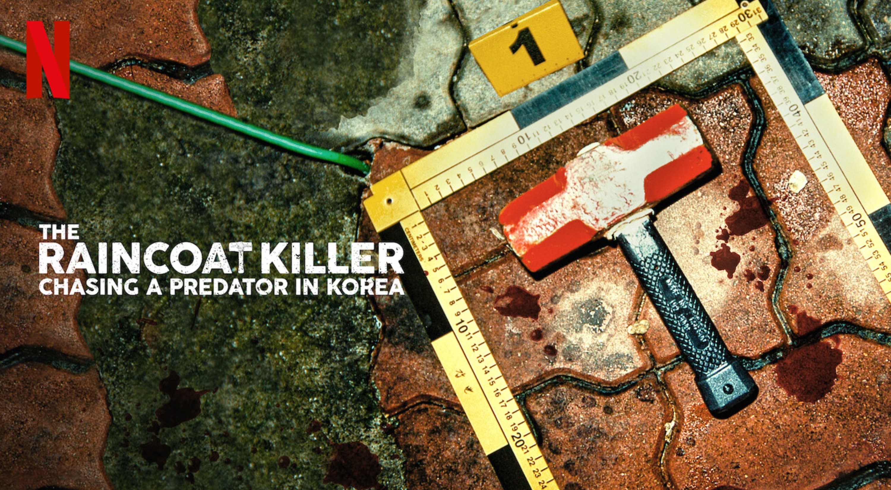 'The Raincoat Killer: Chasing a Predator in Korea' Netflix promo poster with metal hopper and measuring tape