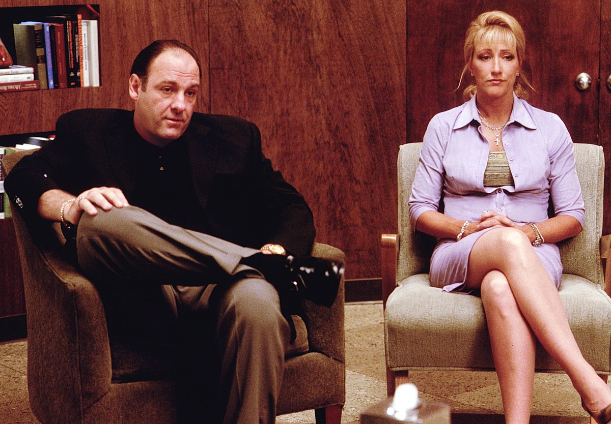 James Gandolfini as Tony Soprano and Edie Falco as Carmela Soprano in therapist office from 'I Dream of Jeannie Cusamano' of 'The Sopranos'