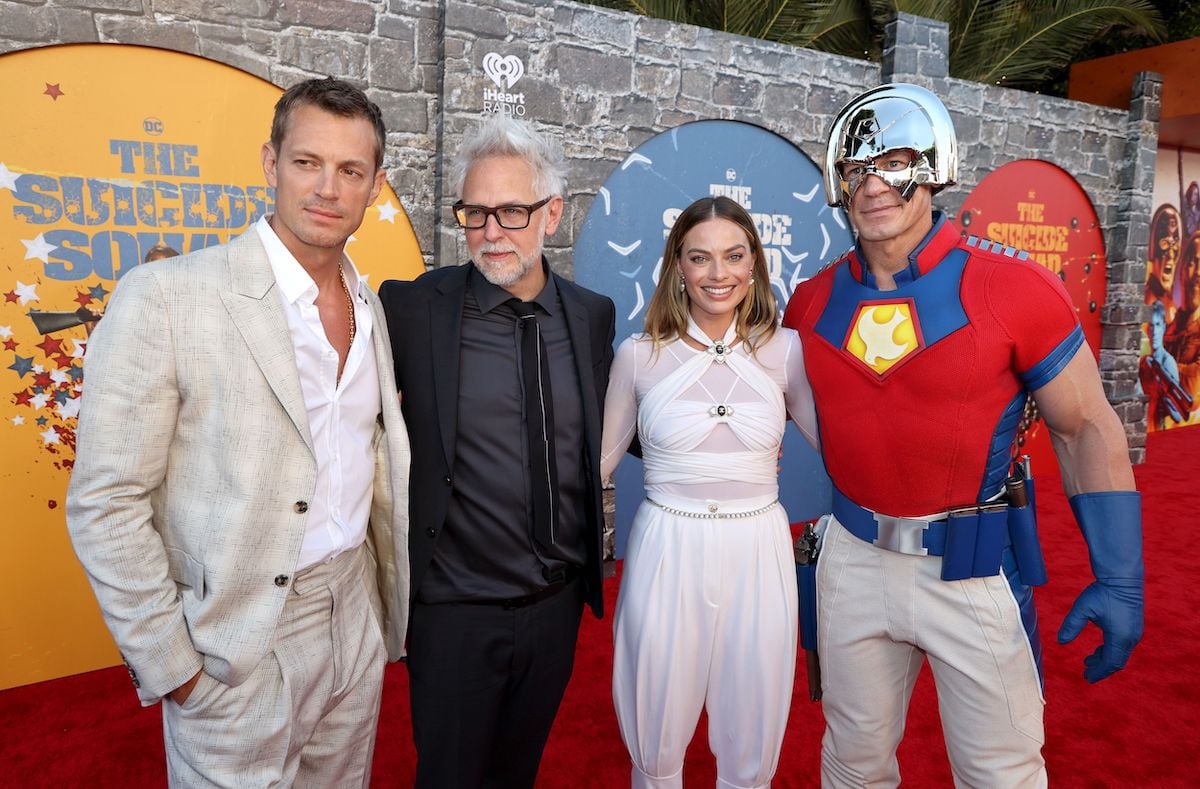 The Suicide Squad director James Gunn (second from left) with actors Joel Kinnaman, Margot Robbie, and John Cena at the Warner Bros. premiere of the film on August 2, 2021, in Los Angeles