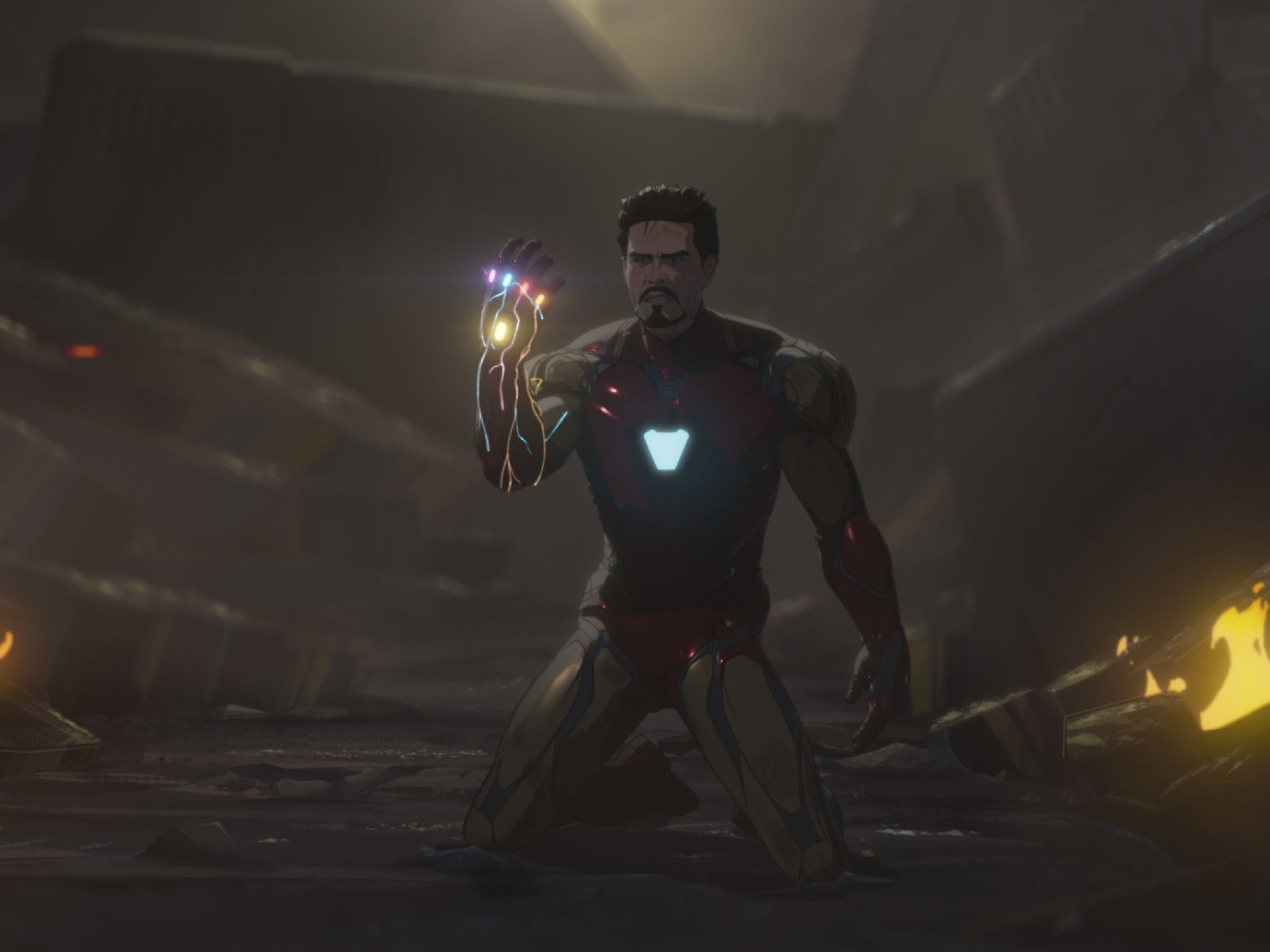 Tony Stark in Marvel's 'What If...?' The image shows him with the Infinity Stones in his gauntlet right before he snaps Thanos away.