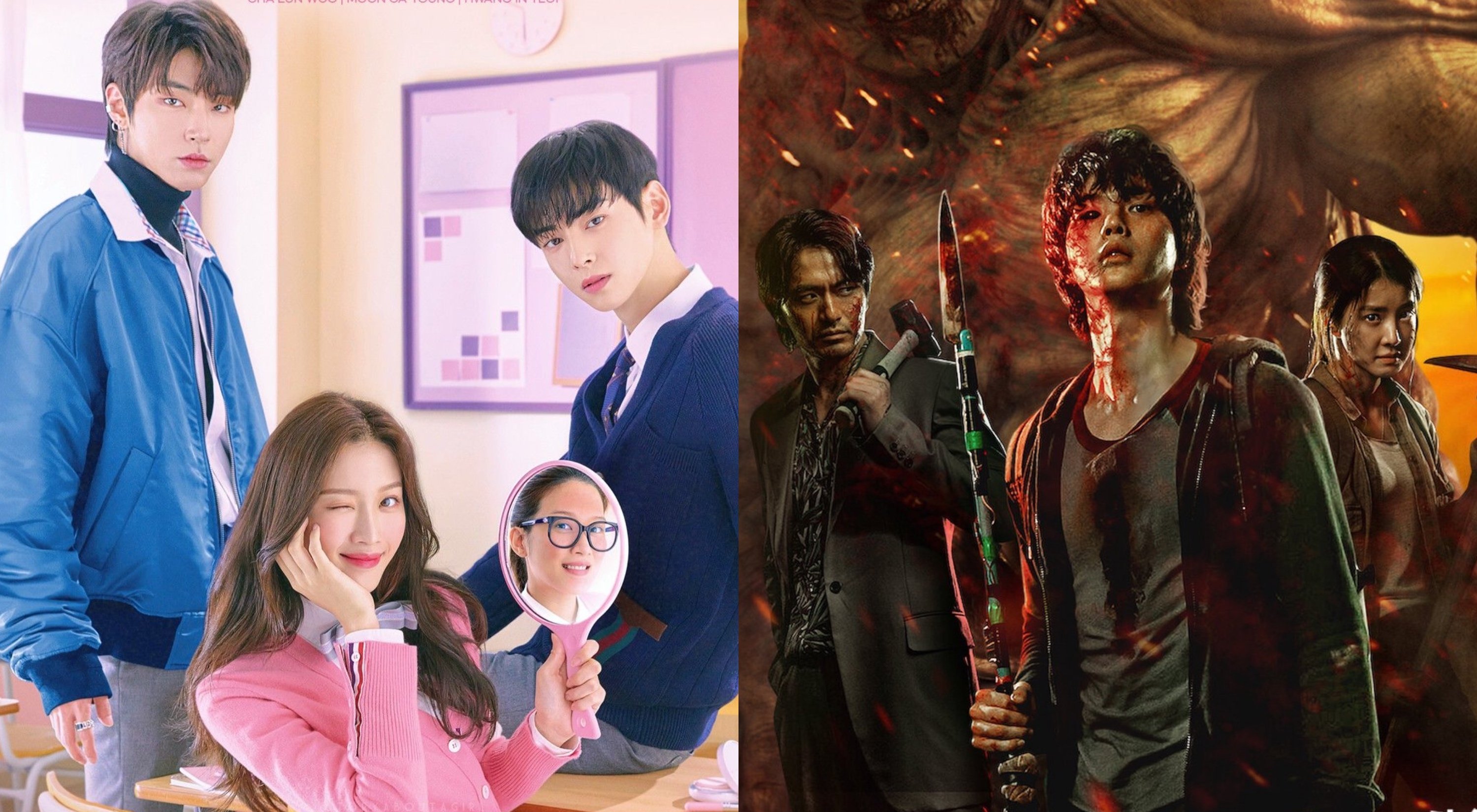 Viki's 'True Beauty' and Netflix's 'Sweet Home' K-dramas students in school uniforms and Song Kang holding weapon.