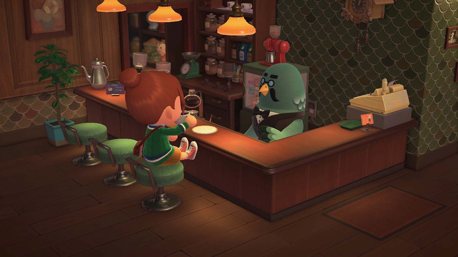 Animal Crossing: New Horizons Update 2.0 screenshot featuring a player in Brewster's cafe.