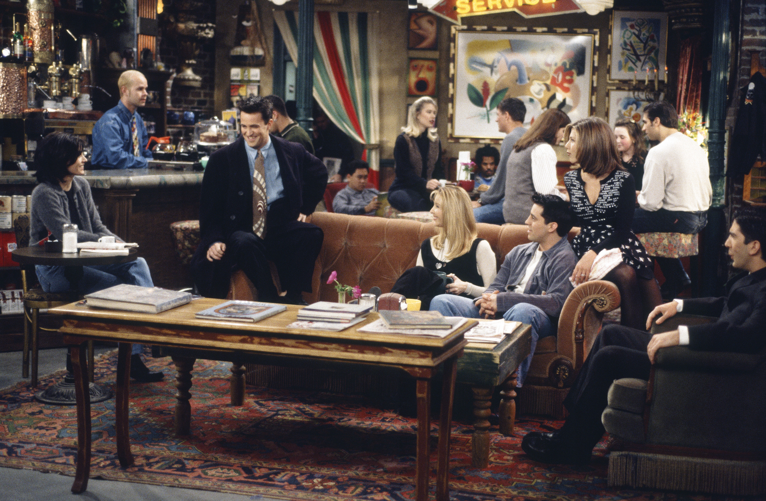 The cast of 'Friends', including Gunther spend time in Central Perk during a 1996 episode