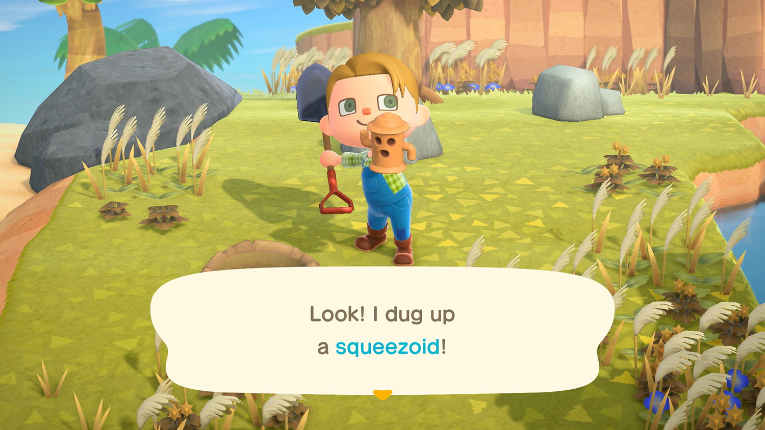 A player digs up a gyroid in Animal Crossing: New Horizons.