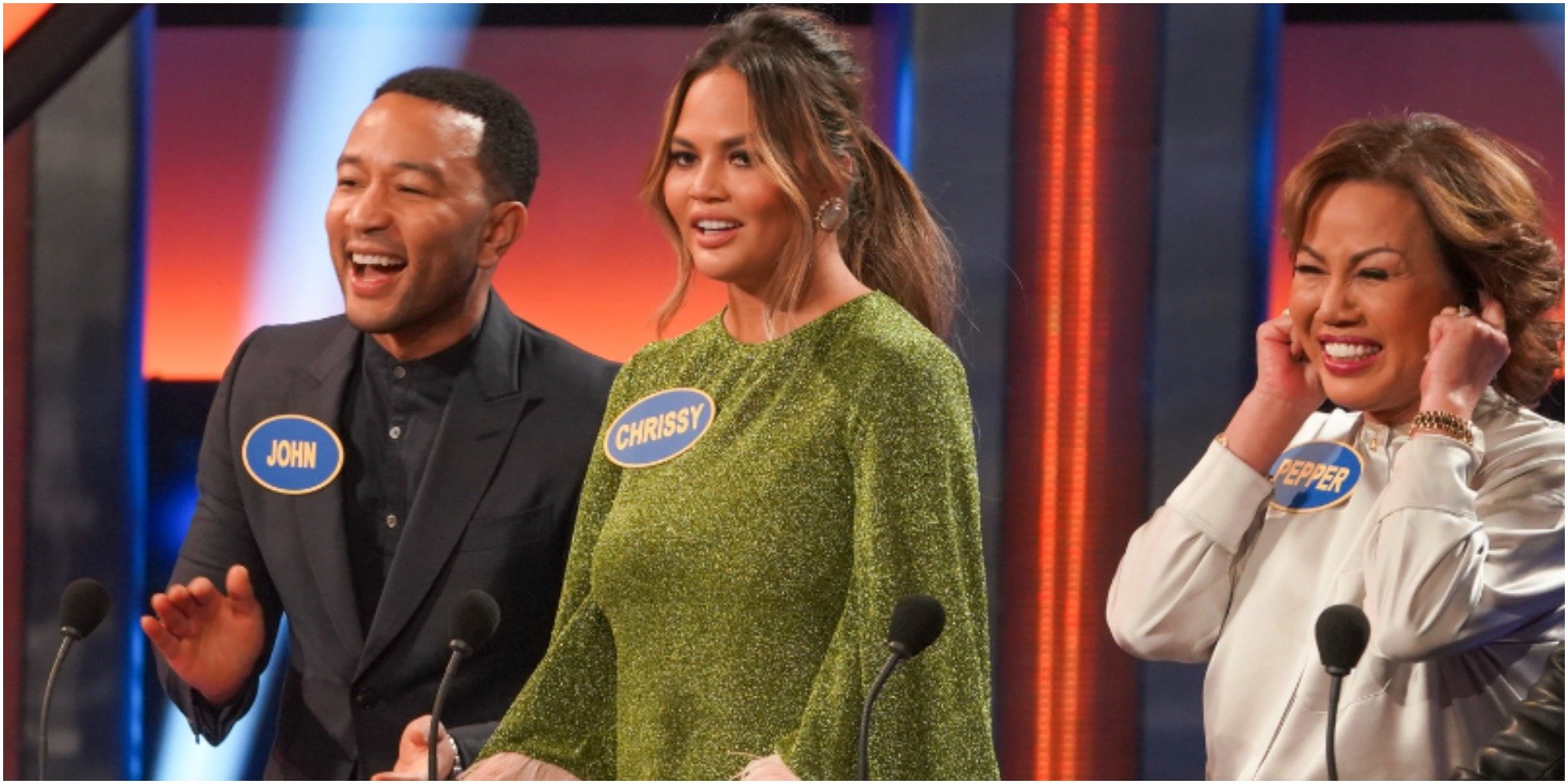 John Legend, Chrissy Teigen and Pepper Teigen on the set of Family Feud.