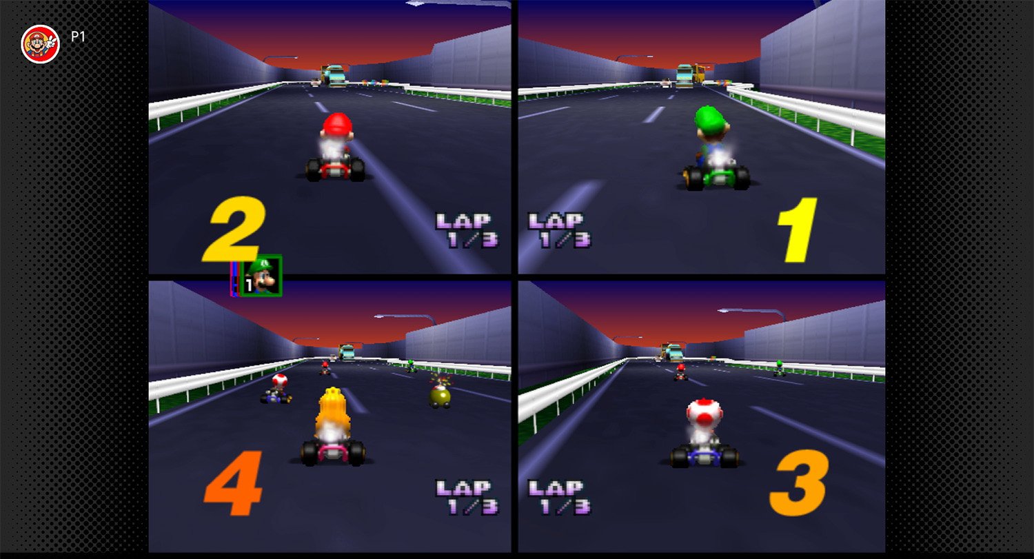 Four player screens in Mario Kart 64, now available via Nintendo Switch Online + Expansion Pack