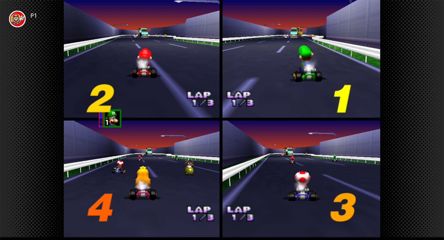 Four player screens in Mario Kart 64