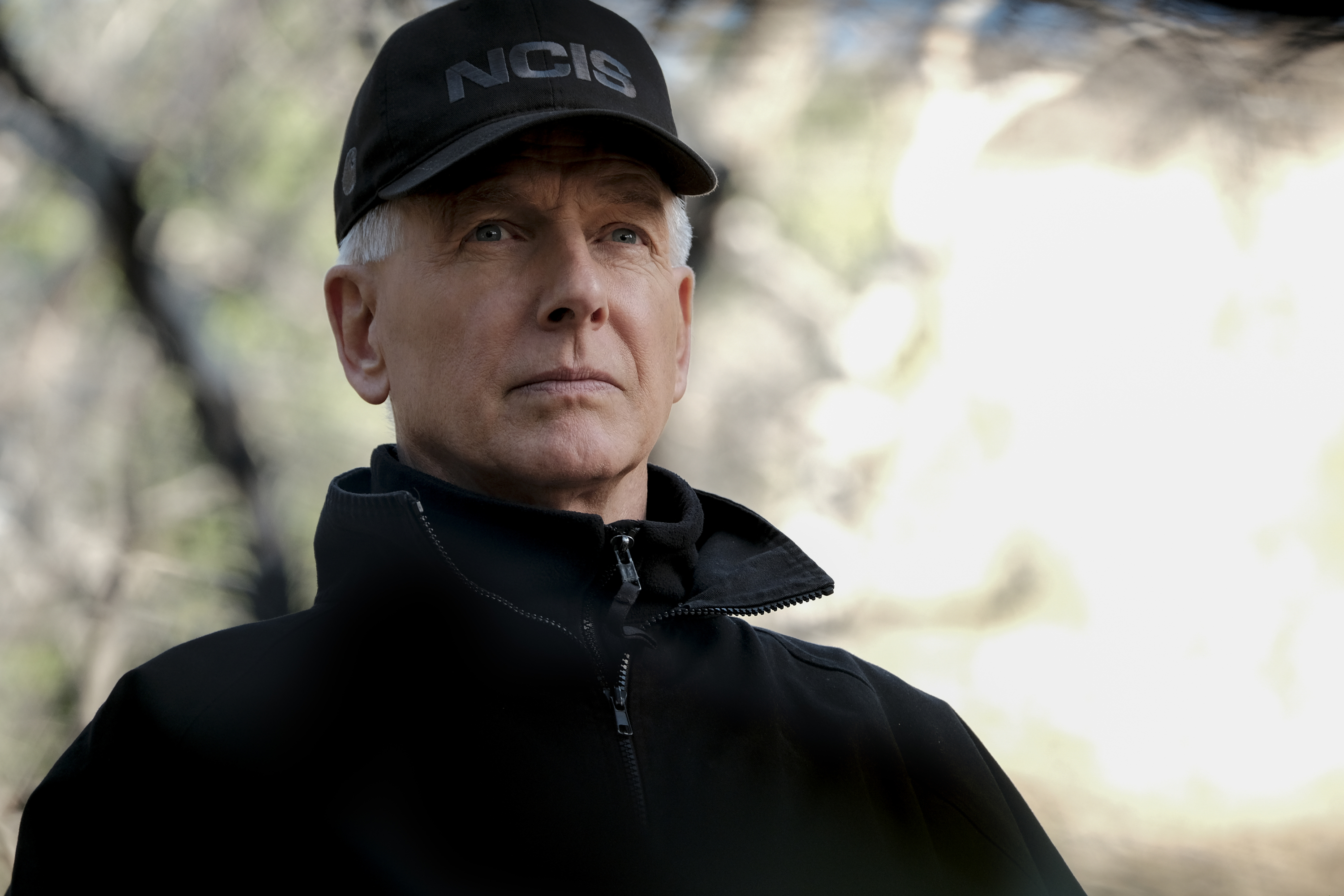 Mark Harmon poses in his NCIS hat on the set of NCIS. 