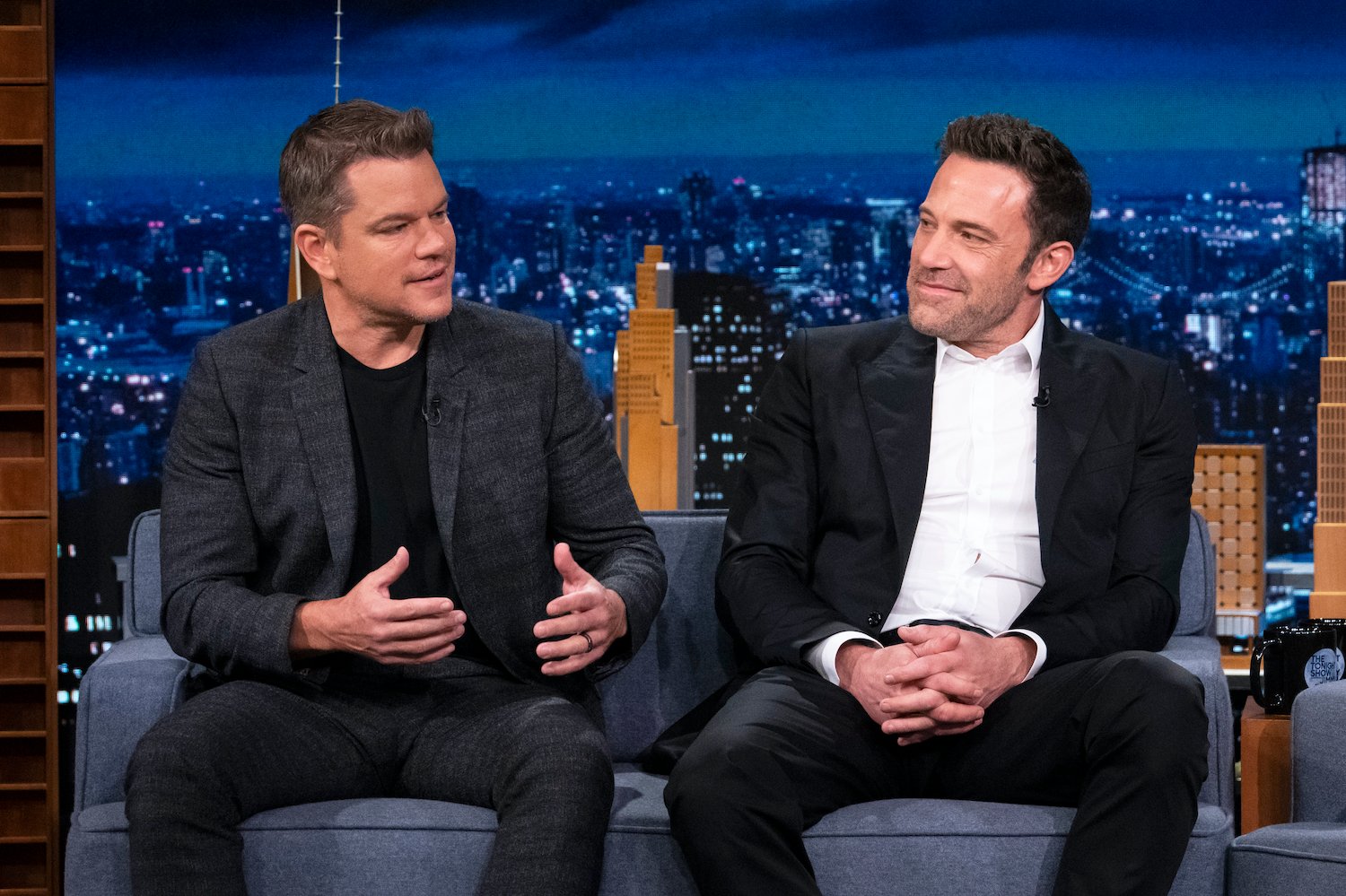 Matt Damon and Ben Affleck wear suits during an interview on 'The Tonight Show Starring Jimmy Fallon'