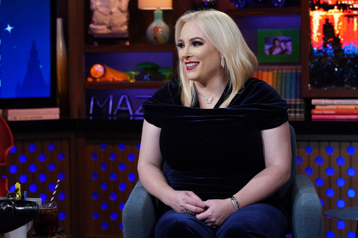 Meghan McCain wears a black top during an interview with Andy Cohen on 'Watch What Happens Live'