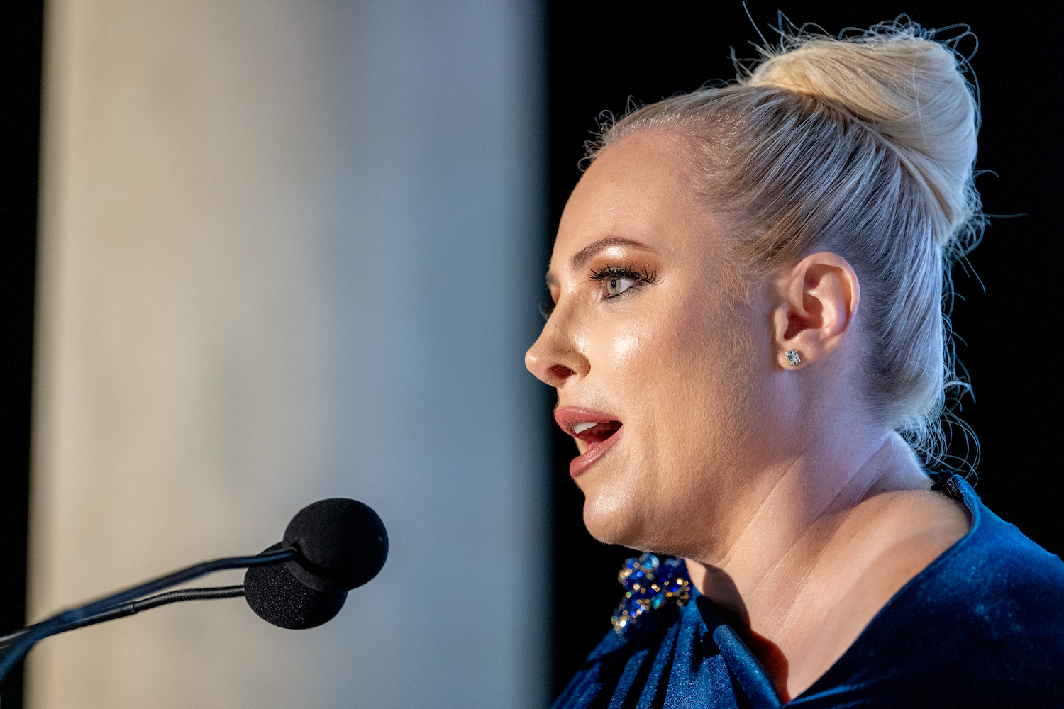 Profile view of Meghan mcCain while delivering a speech