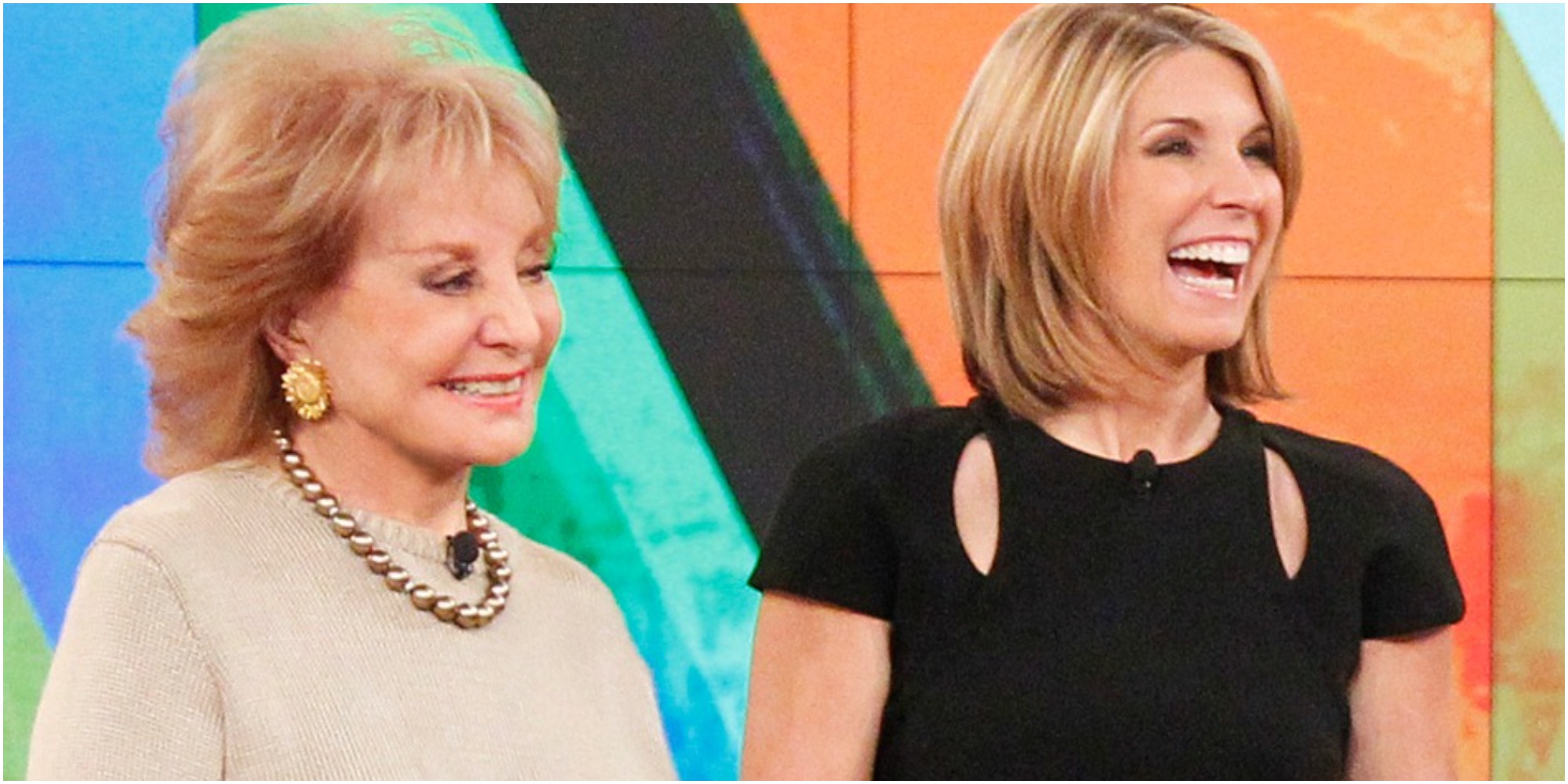 Barbara Walters and Nicolle Wallace laugh on the set of "The View."