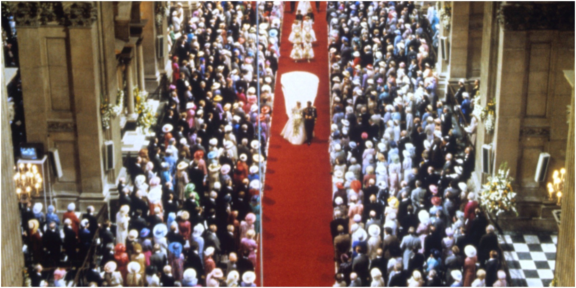 The Prince and Princess of Wales walking down the aisle after the wedding service at St Paul's Cathedral.