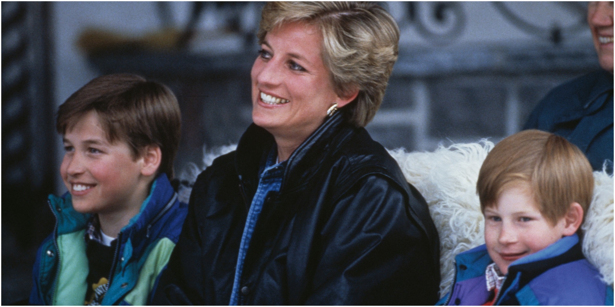 Prince William, Princess Diana, Prince Harry laugh on a sleigh ride.