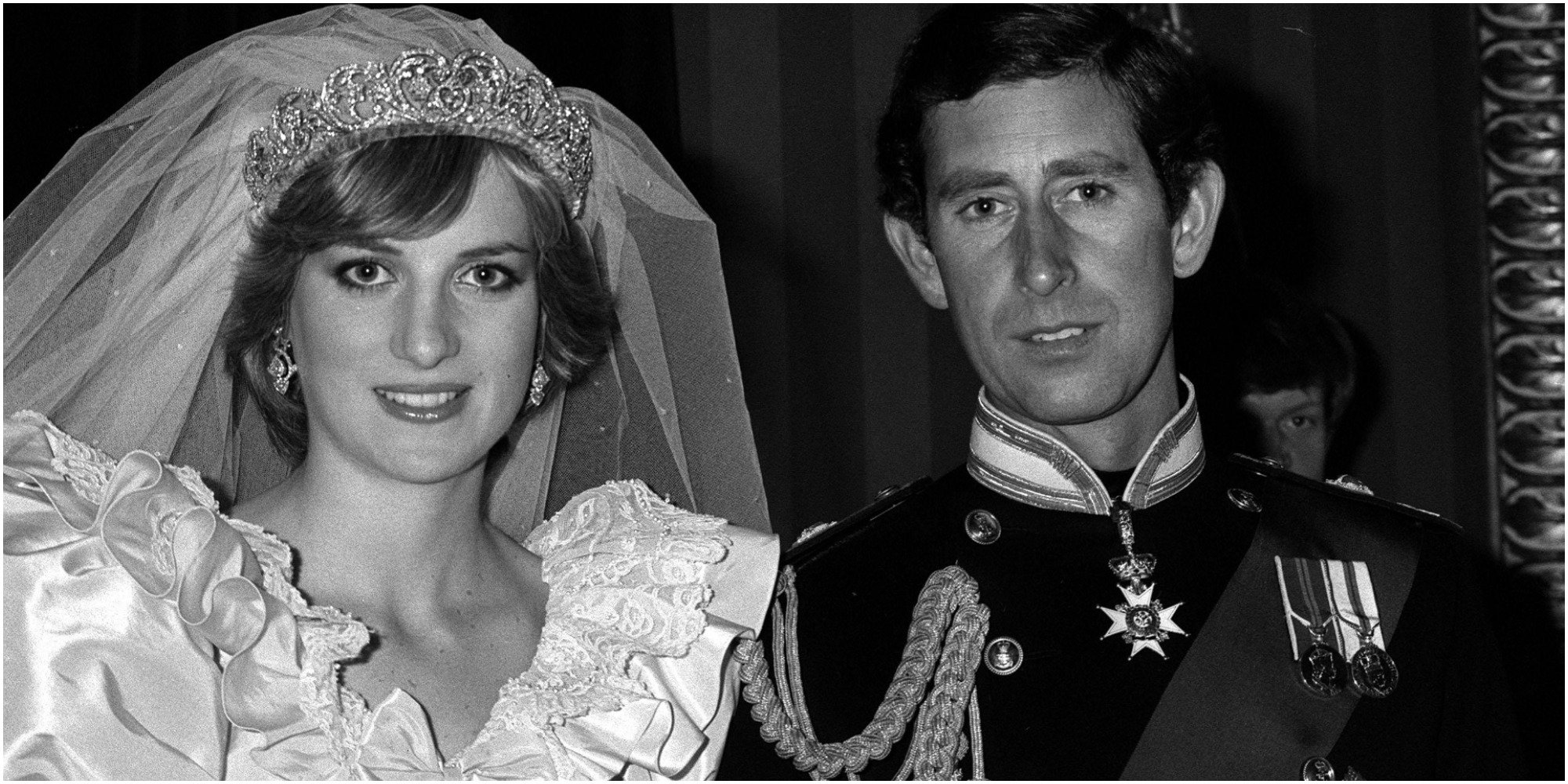 Princess Diana and Prince Charles in a black and white photo taken on their wedding day.