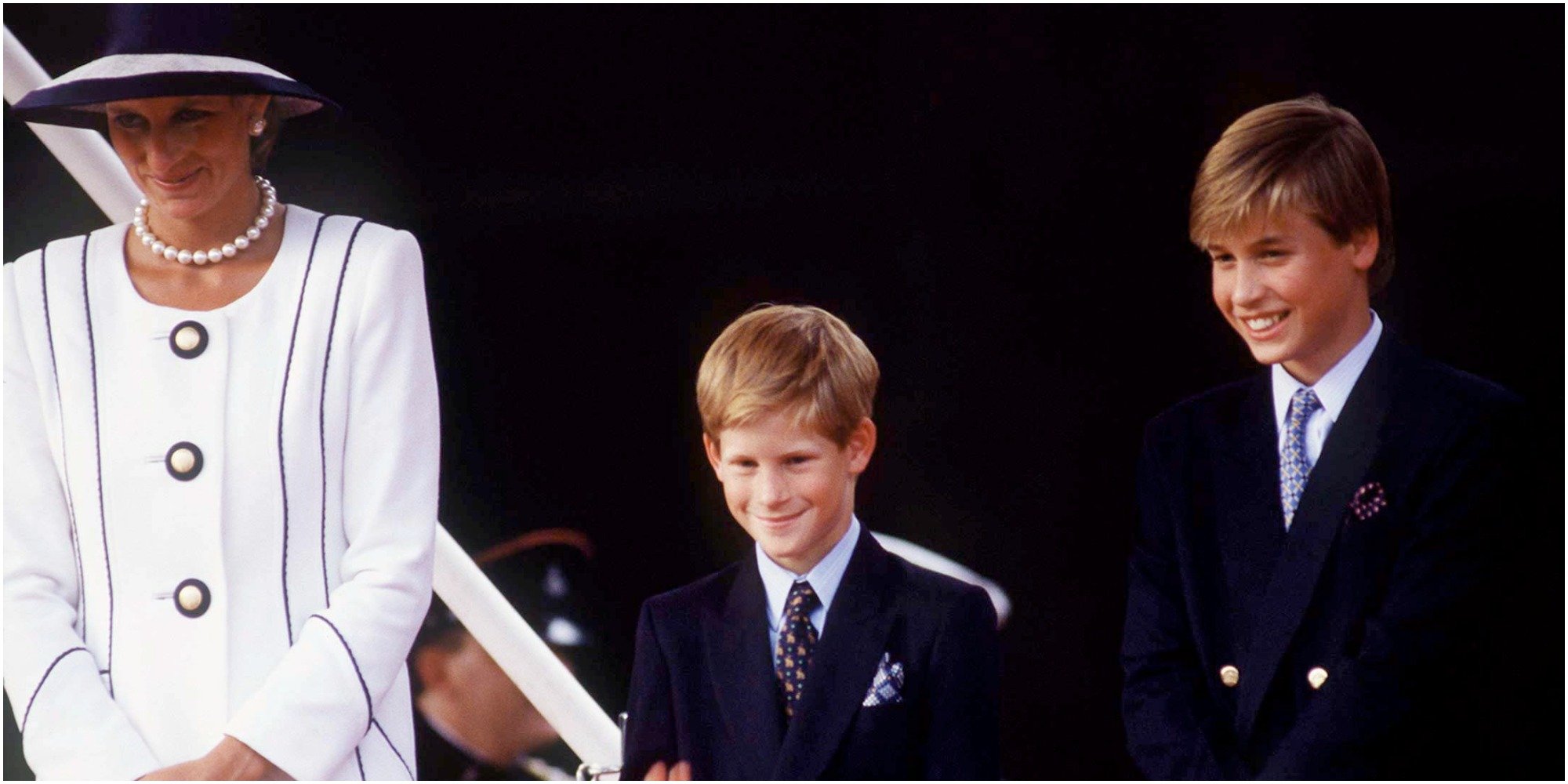 Princess Diana, Prince Harry [ Waving ] And Prince William Watching The Parade Of Veterans On V J Day.