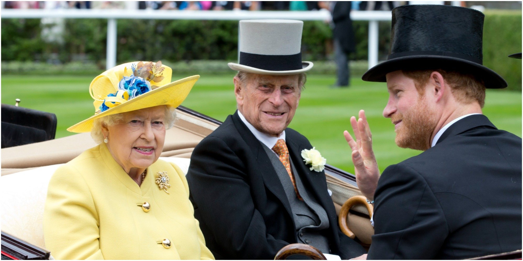 Prince Harry rides in a coach with Prince Philip and Queen Elizabeth in 2016.