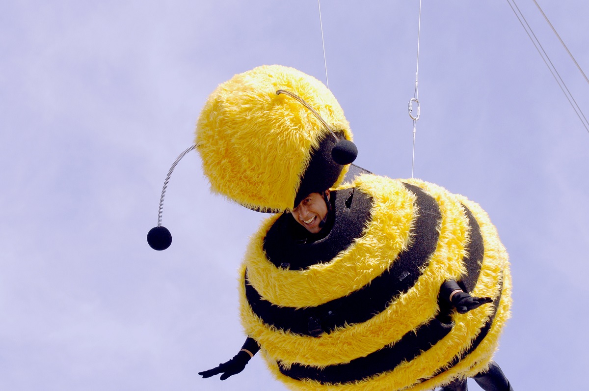 Jerry Seinfeld promoting 'Bee Movie' -- Seinfeld is dressed in a large, full-body bee costume and suspended from a wire.