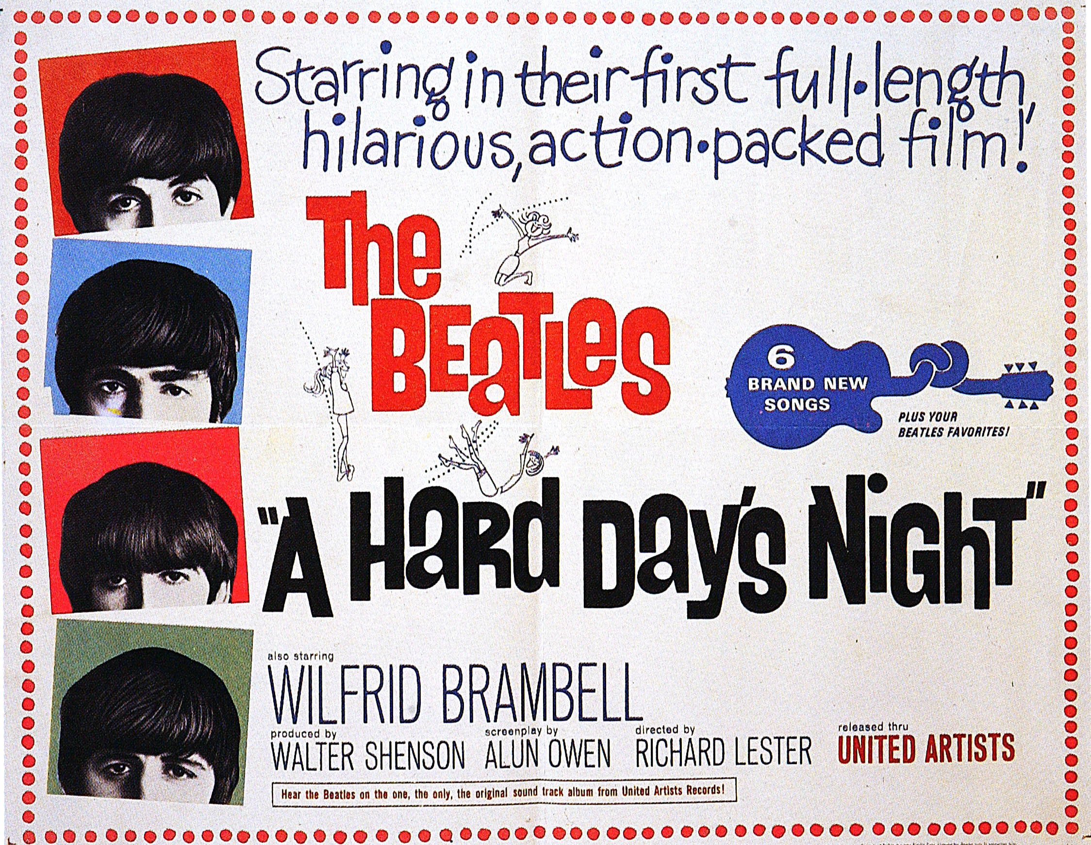 A poster for The Beatles' 'A Hard Day's Night' depicting Paul McCartney, John Lennon, George Harrison, and Ringo Starr