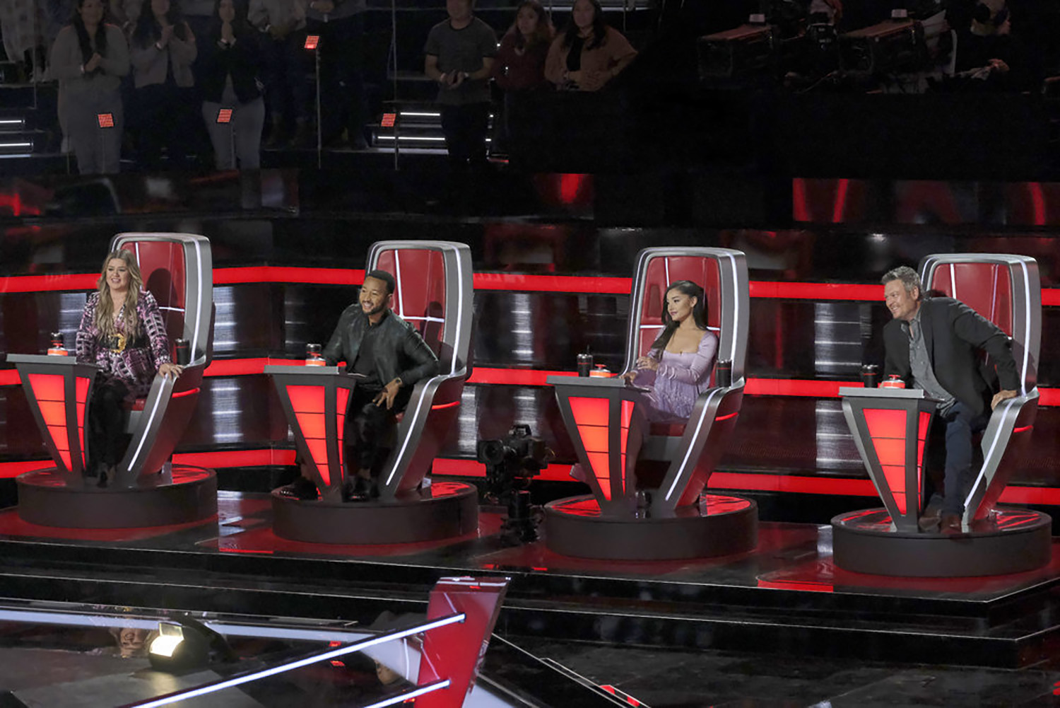Kelly Clarkson, John Legend, Ariana Grande, and Blake Shelton on The Voice Season 21 Episode 10.