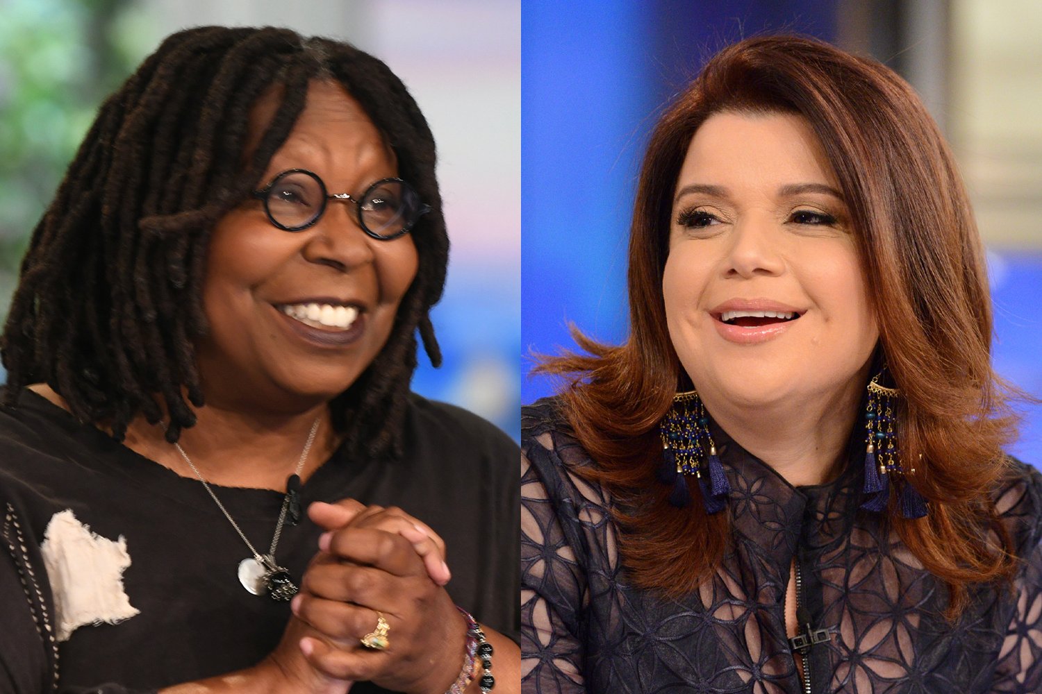 Whoopi Goldberg smiles and Ana Navarro smiles