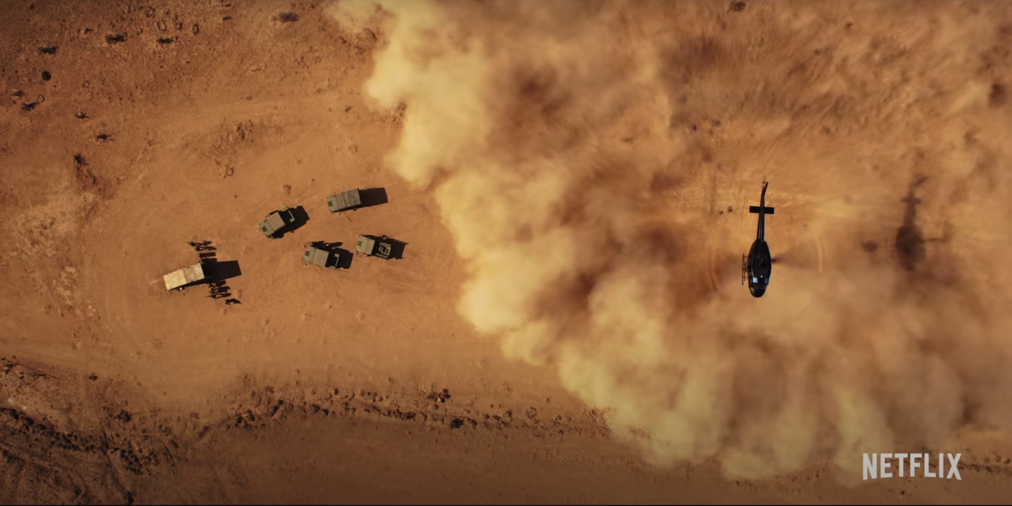 Military vehicles and a helicopter from the Stranger Things Season 4 California teaser