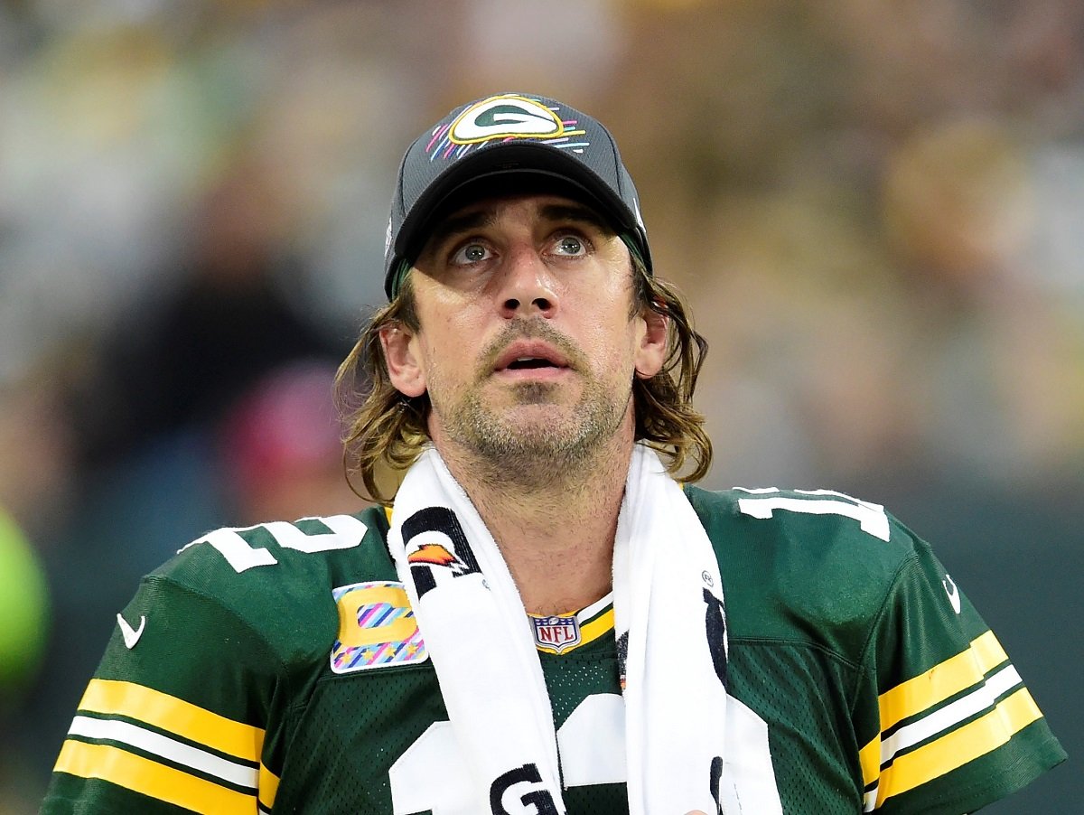 Aaron Rodgers looks on from the sideline in a game against the Pittsburgh Steelers