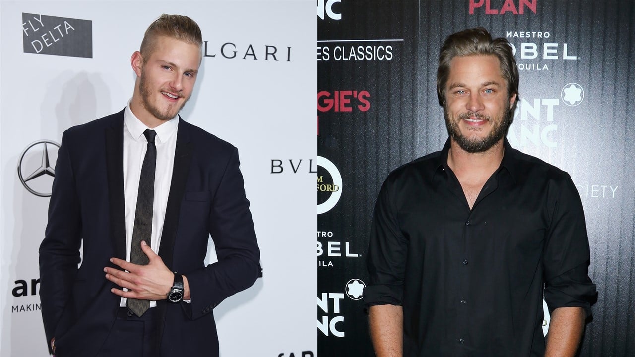 (L) Alexander Ludwig poses in a dark suit and tie; (R) Travis Fimmel smiles with hands in pockets, wearing a black button down shirt