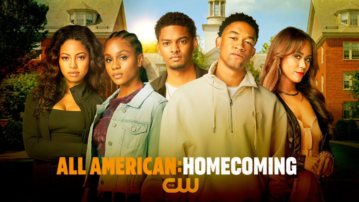 The full 'All American' spinoff cast standing in front of buildings at a college.