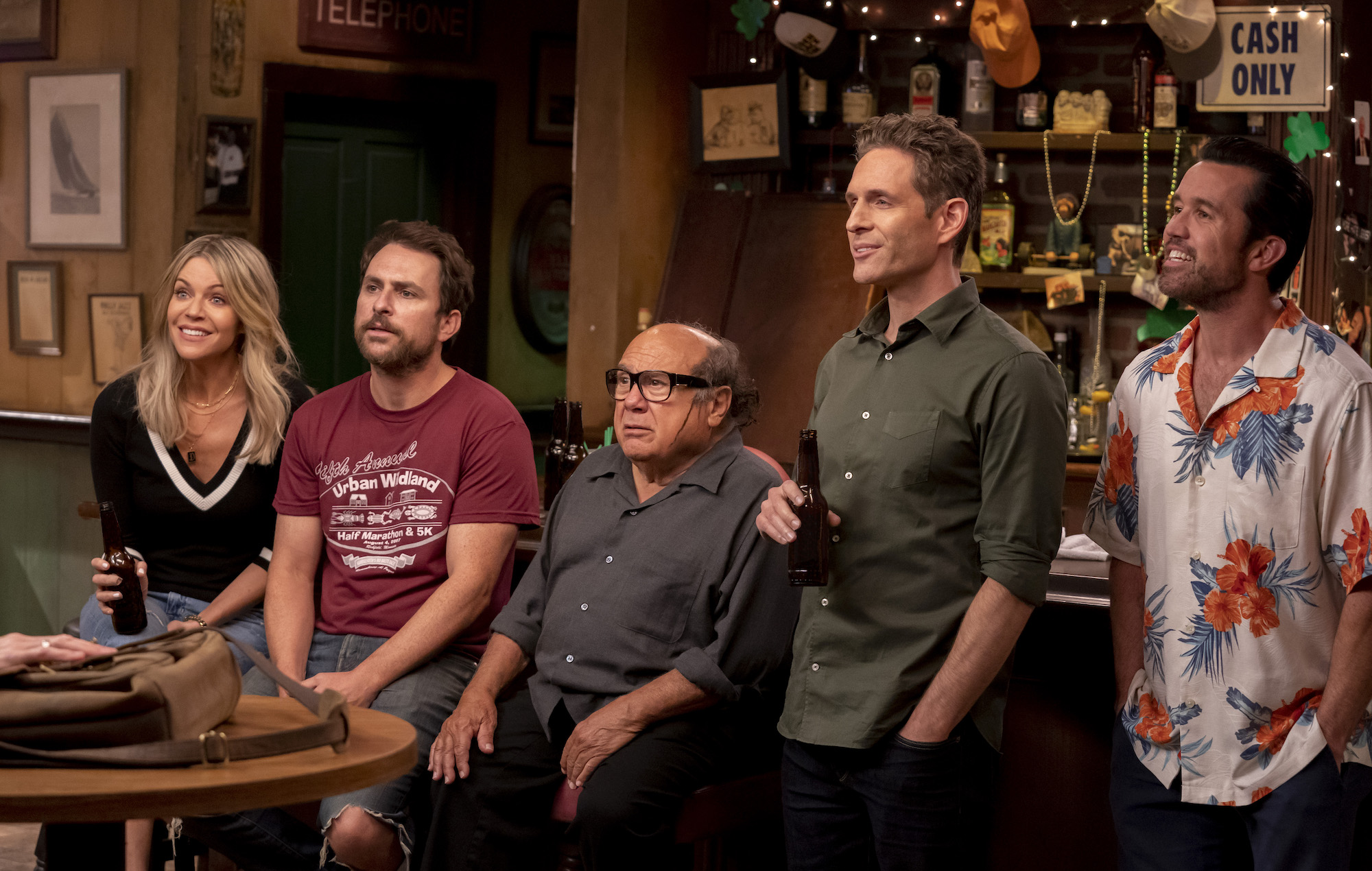 Dee, Charlie, Frank, Dennis, and Mac at Paddy's Pub in a production still from 'Always Sunny' Season 15.