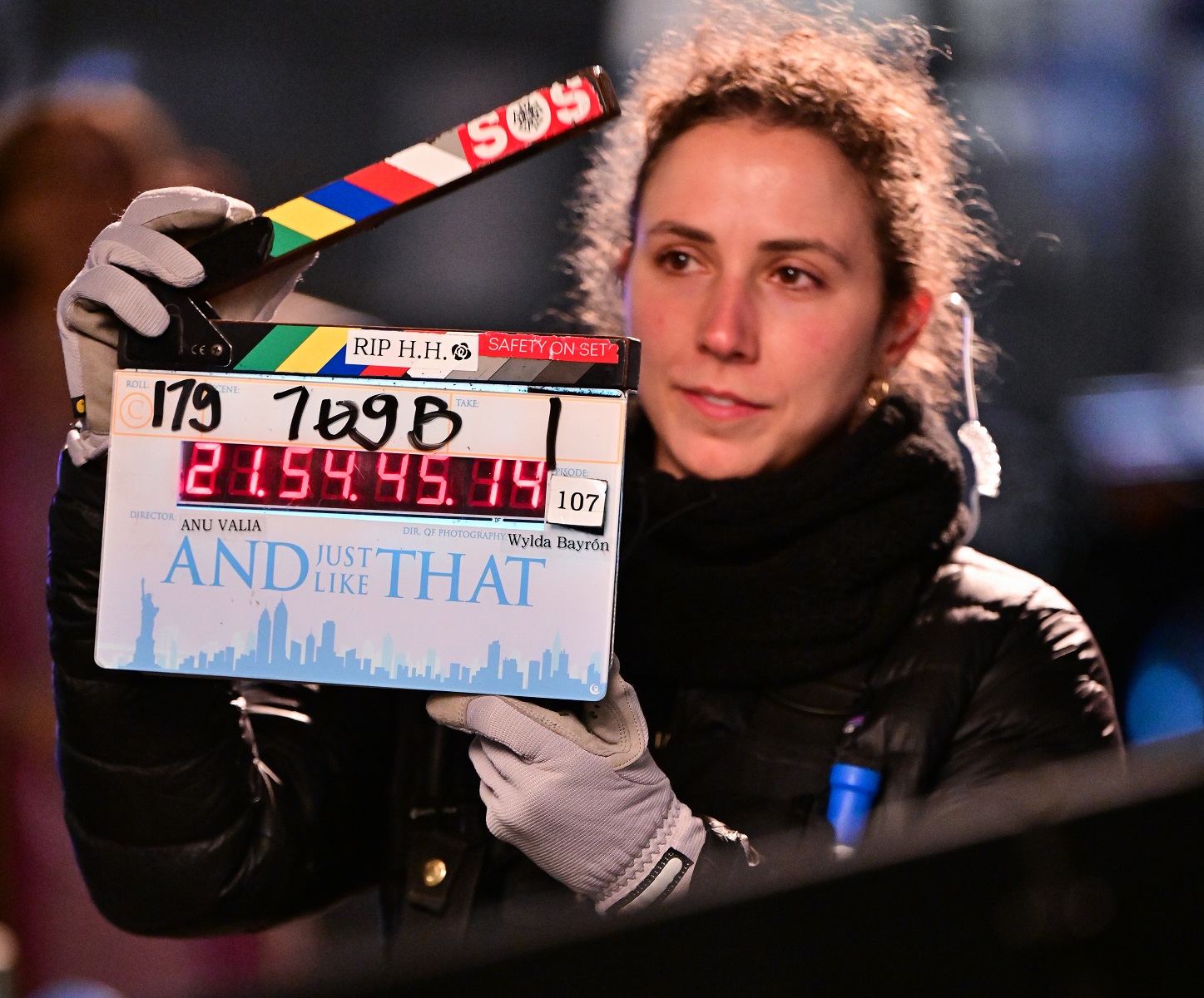 View of a clapperboard on the set of 'And Just Like That...' on November 5, 2021